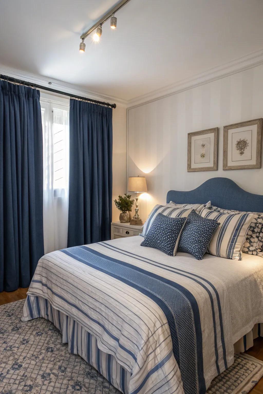 A serene blue and white nautical scheme for a restful bedroom.