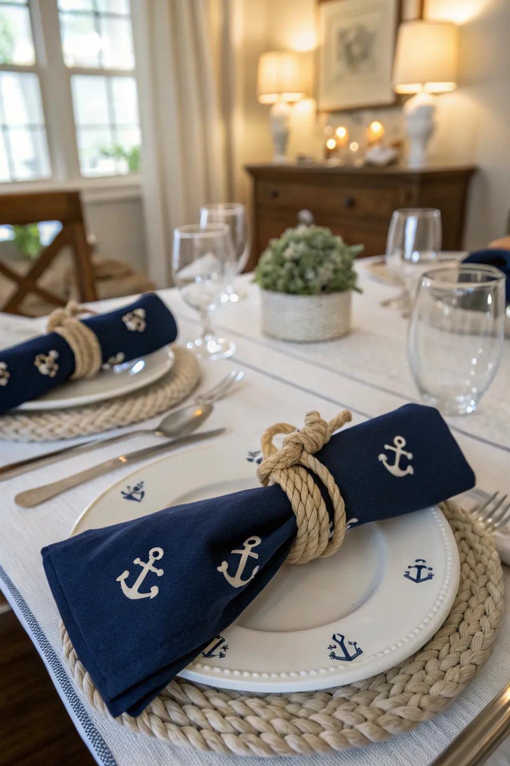 Blues and whites create the foundation for a nautical dining atmosphere.