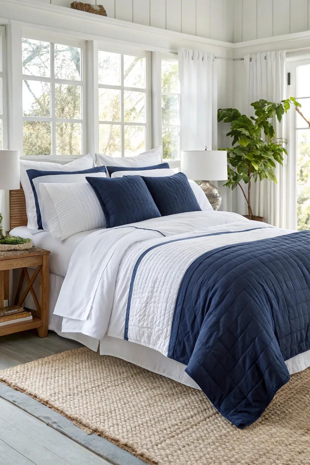 Create a timeless look by layering sea blue and white bedding.