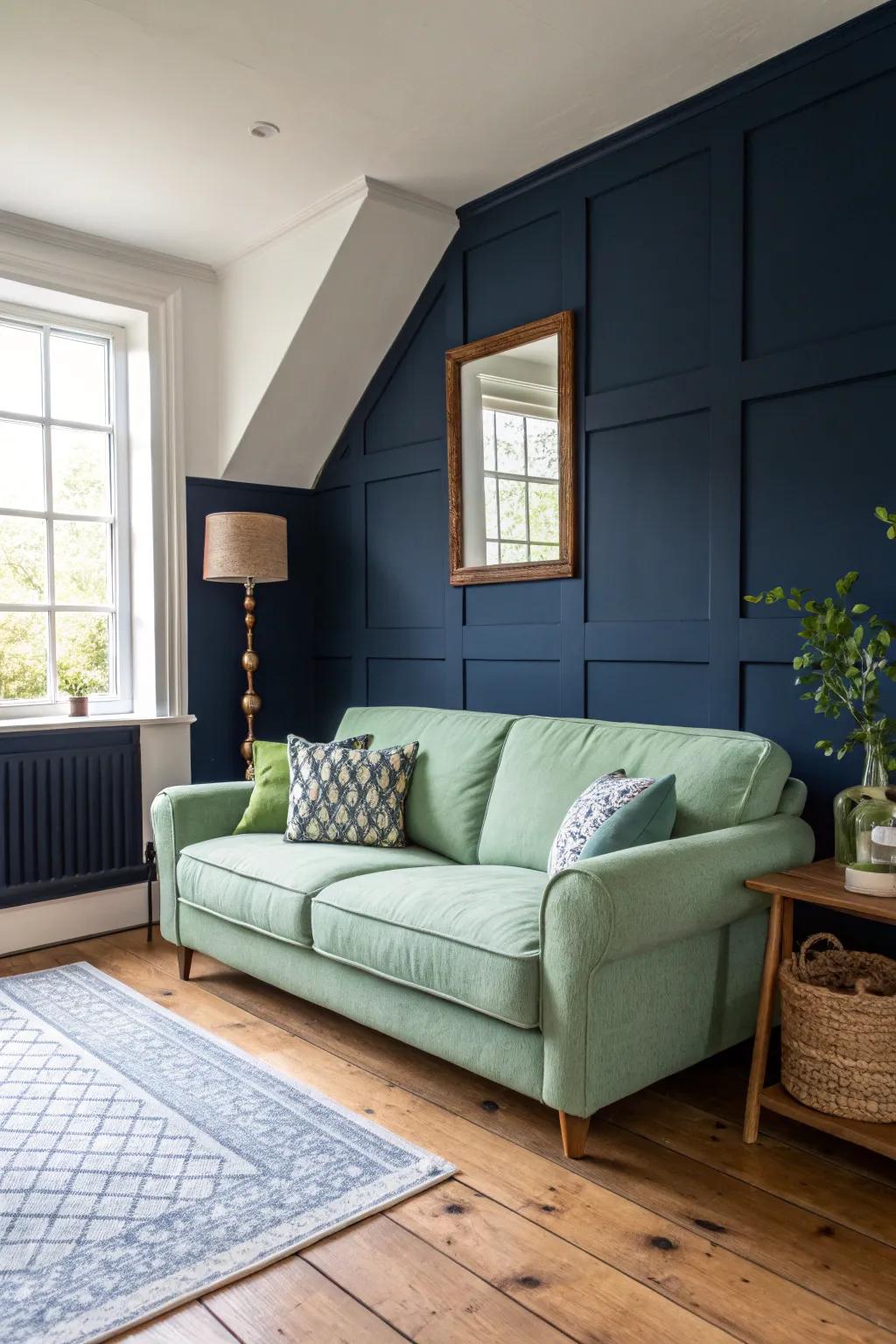 Deep blue feature wall enriches a welcoming living space.