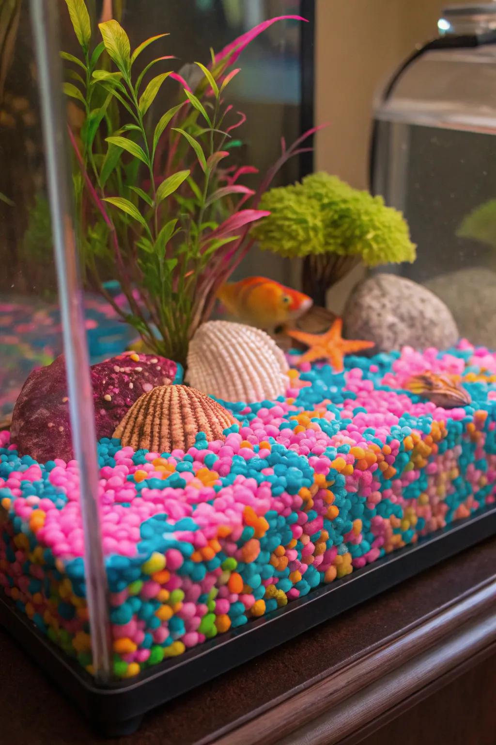 Bright neon stones form a vibrant base in this lively fish tank.