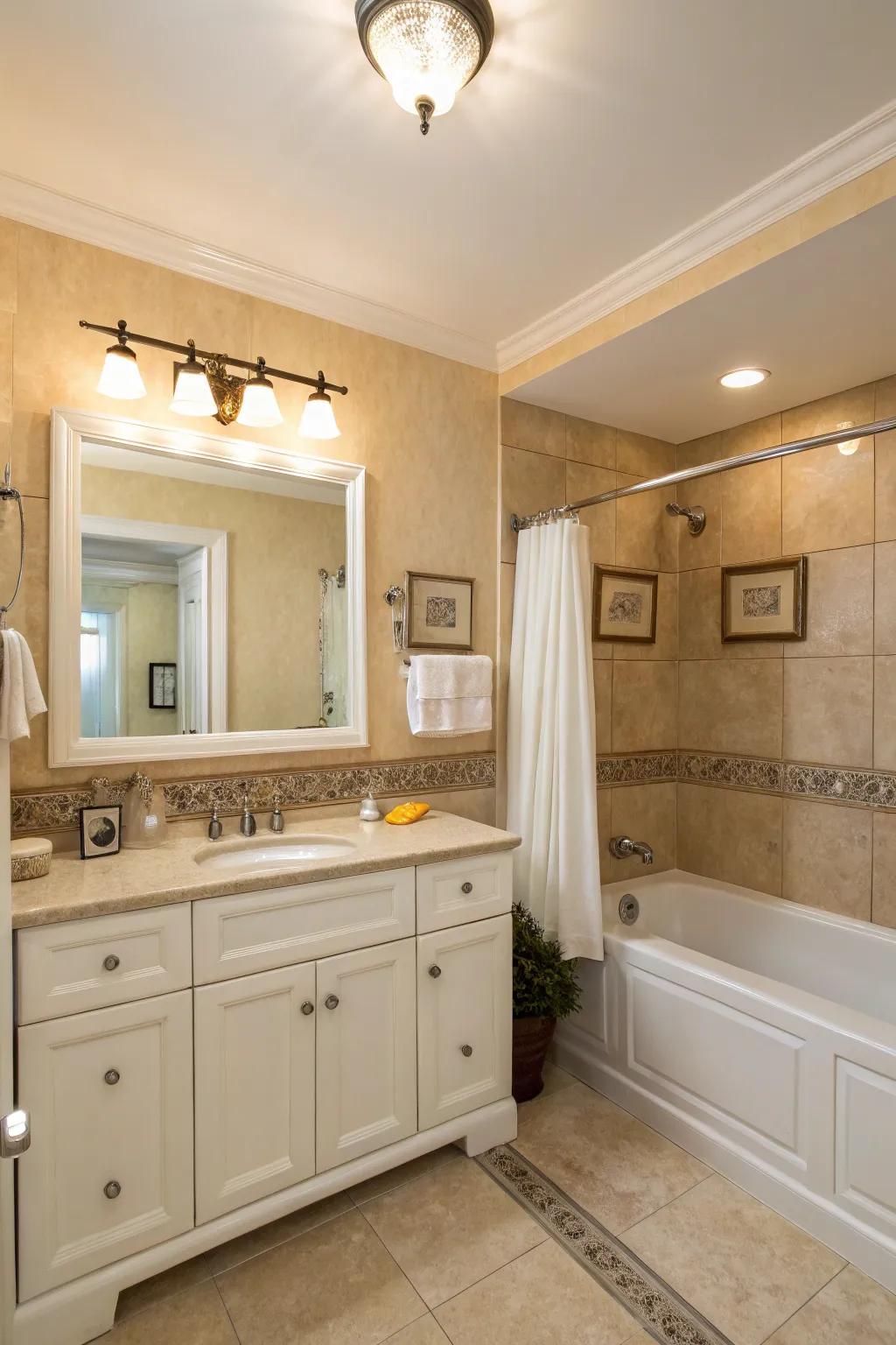 Soft tan walls provide a calming foundation in this neutral bathroom.