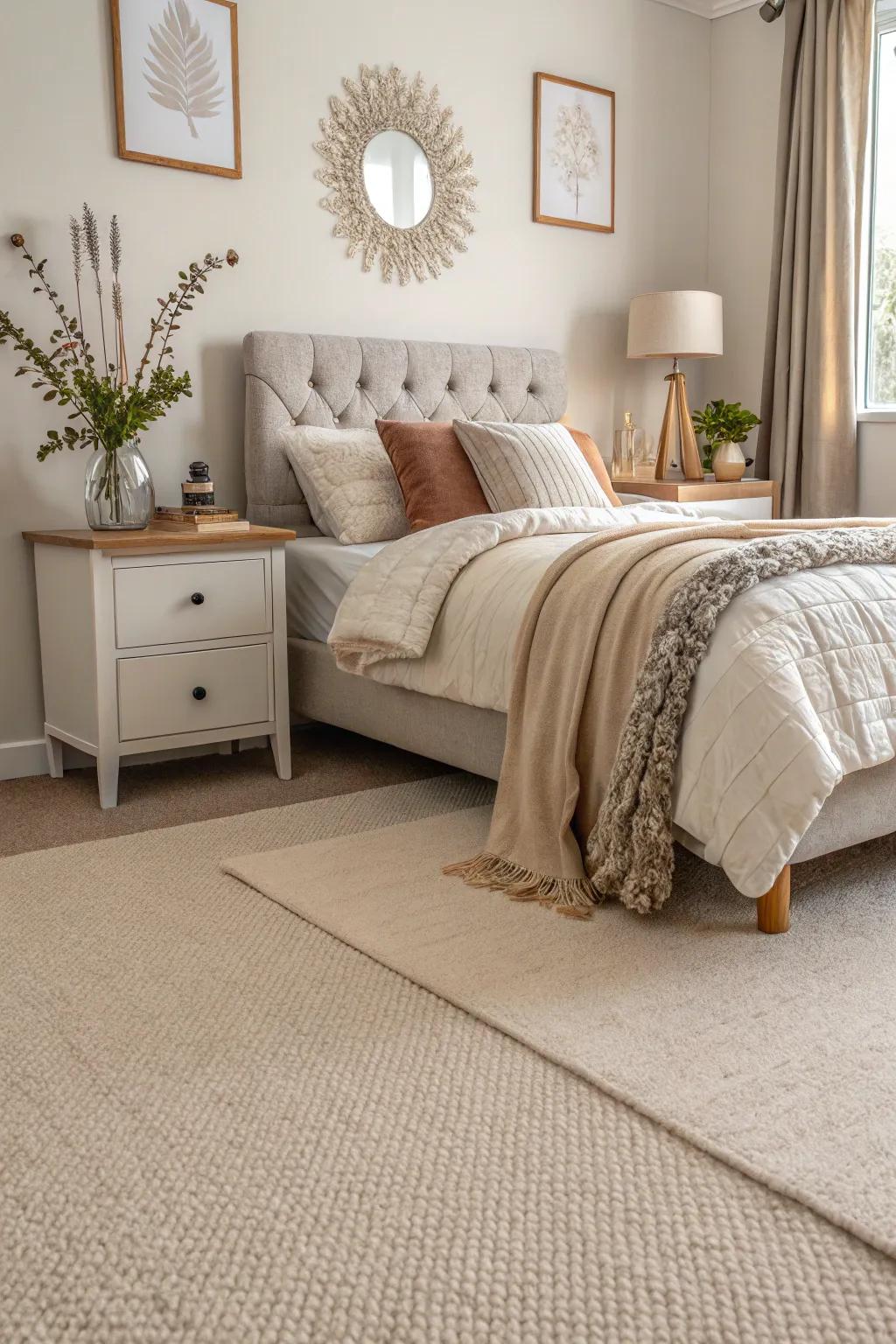 A versatile beige carpet brings both warmth and adaptability to any sleeping space.