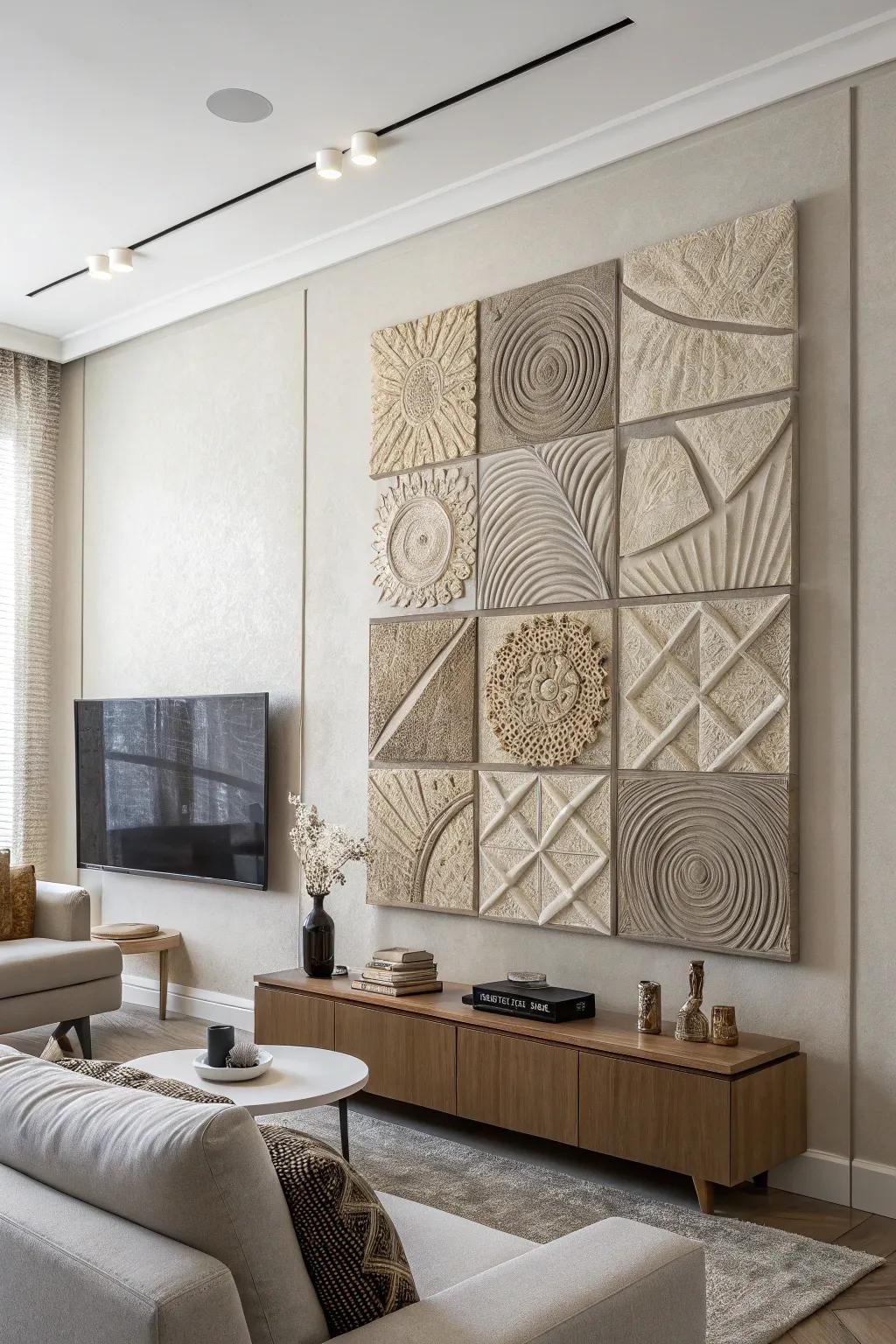 Textured art brings dimension to walls with neutral tones.