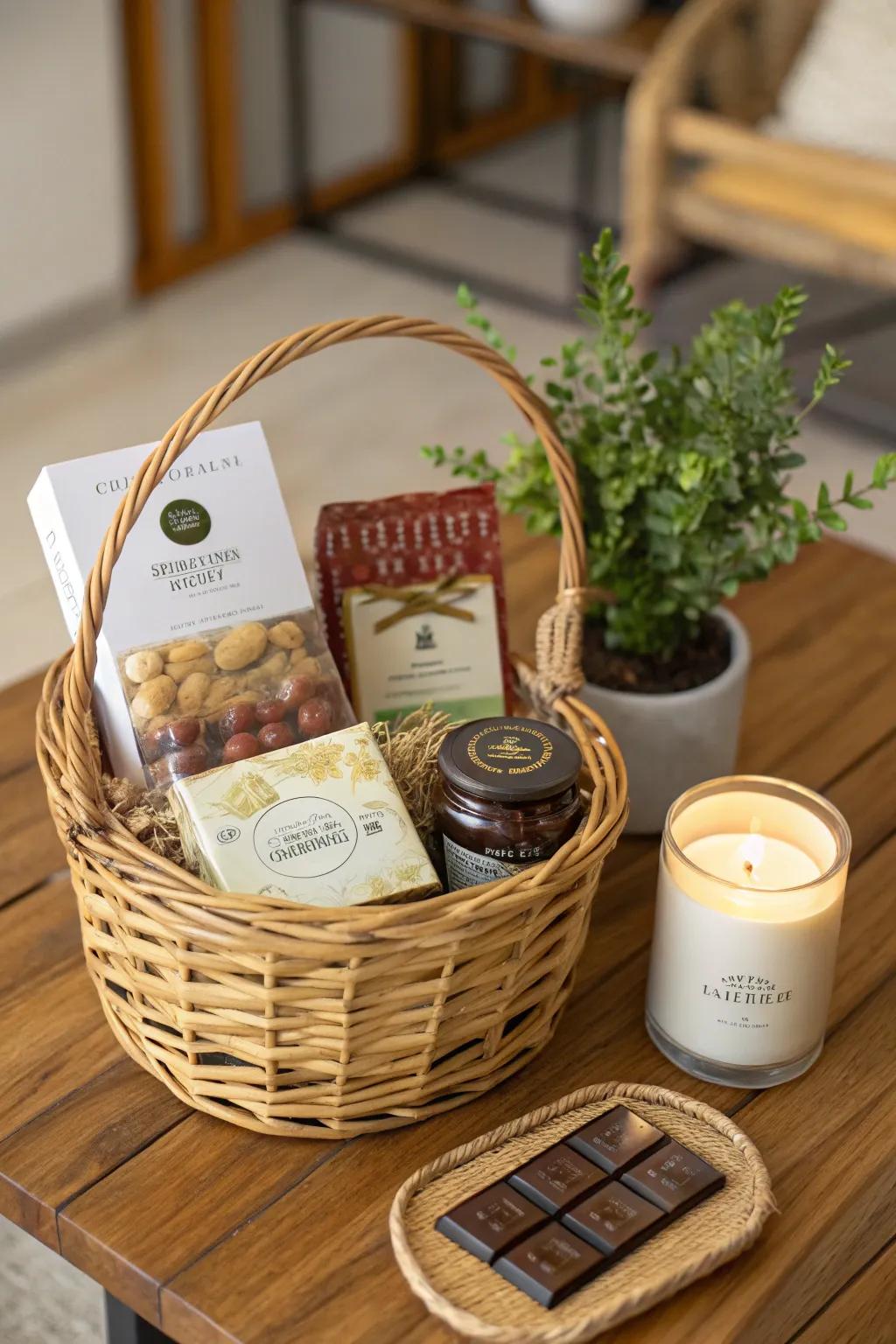 A handpicked gift hamper featuring a blend of gourmet delights and indispensable home items.