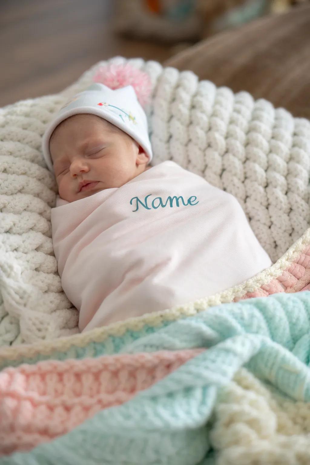 A peacefully swaddled newborn in a bespoke blanket.