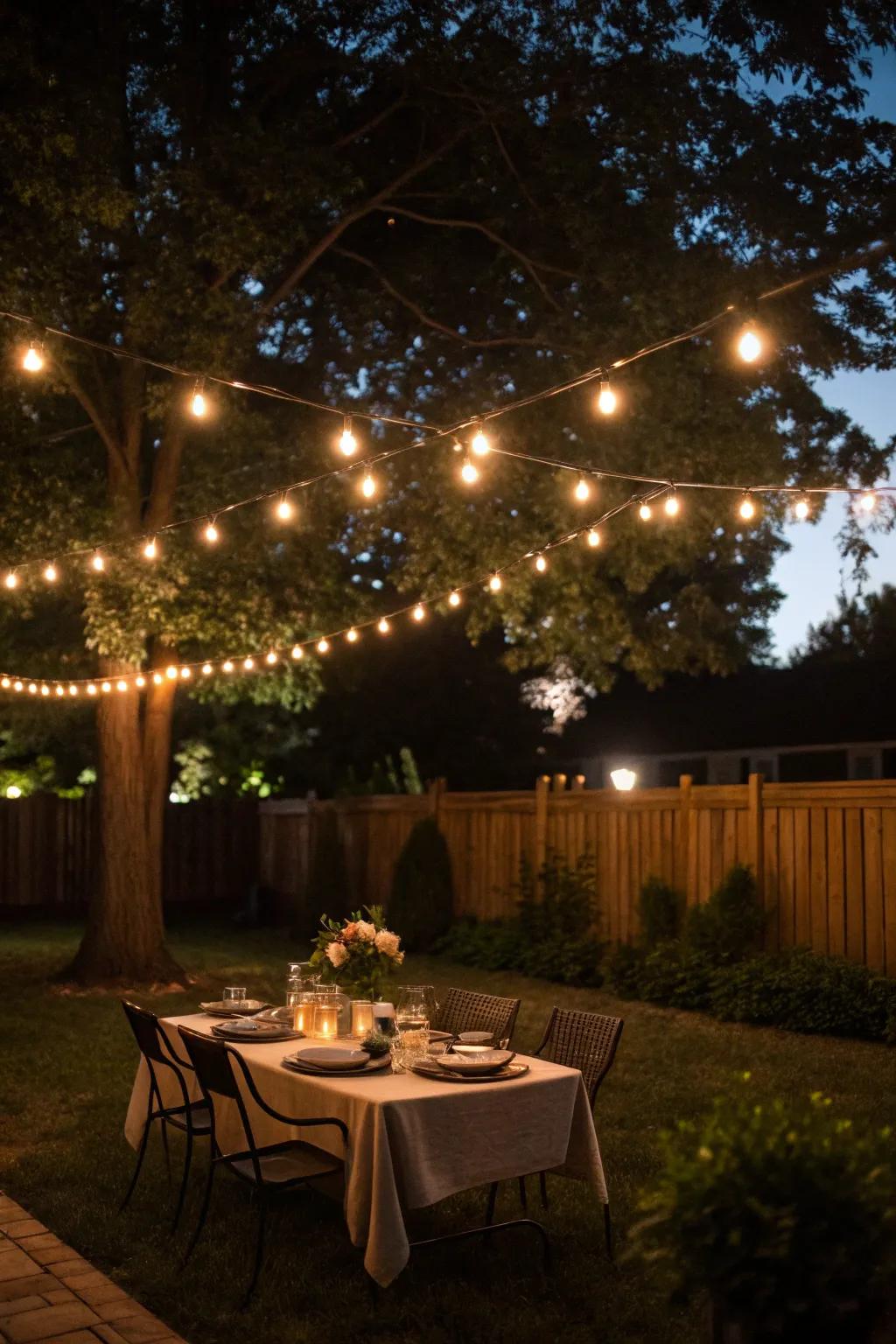 Twinkling lights bring a touch of enchantment to any backyard scene.
