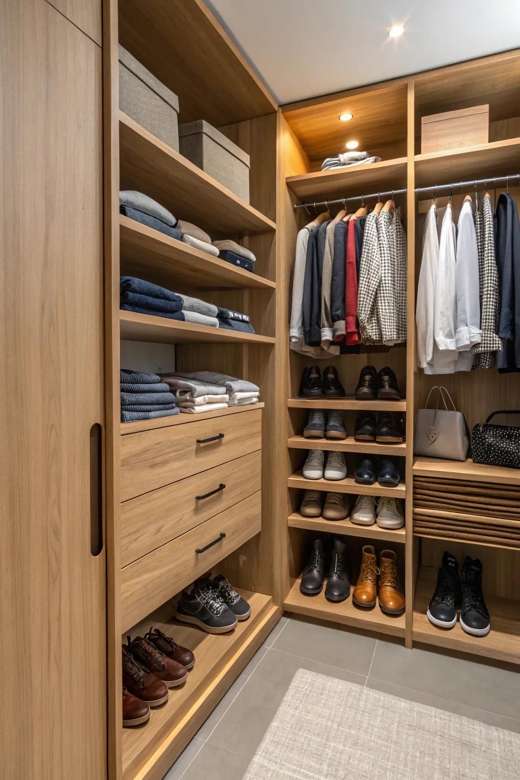 Open closet with hardwood shelves that look great