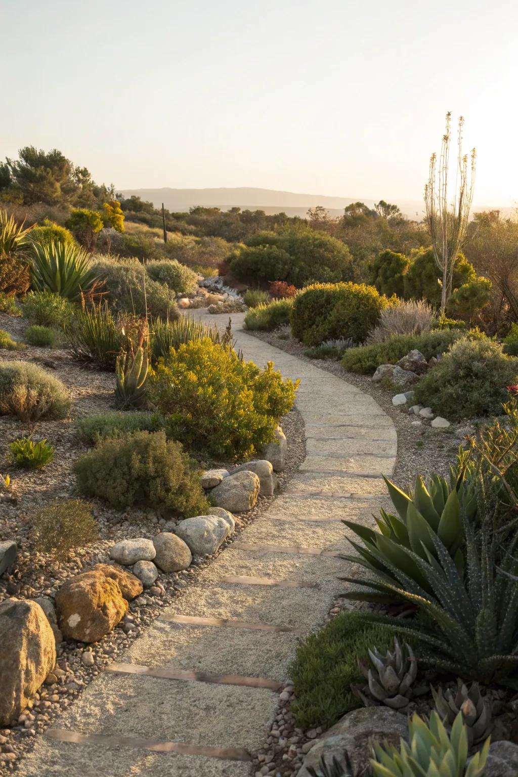 A straightforward stone and gravel walkway surrounded by succulents.