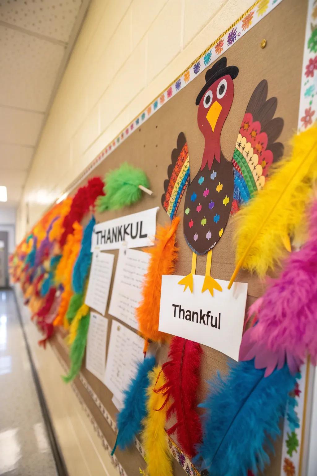 A turkey-themed bulletin board brimming with expressions of thankfulness.