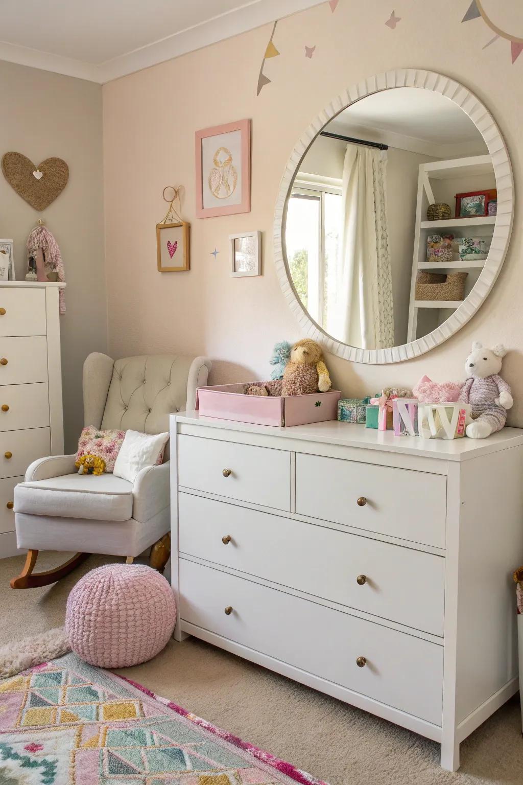 A circular reflector gracefully situated above a pristine white dresser in a softly colored nursery.
