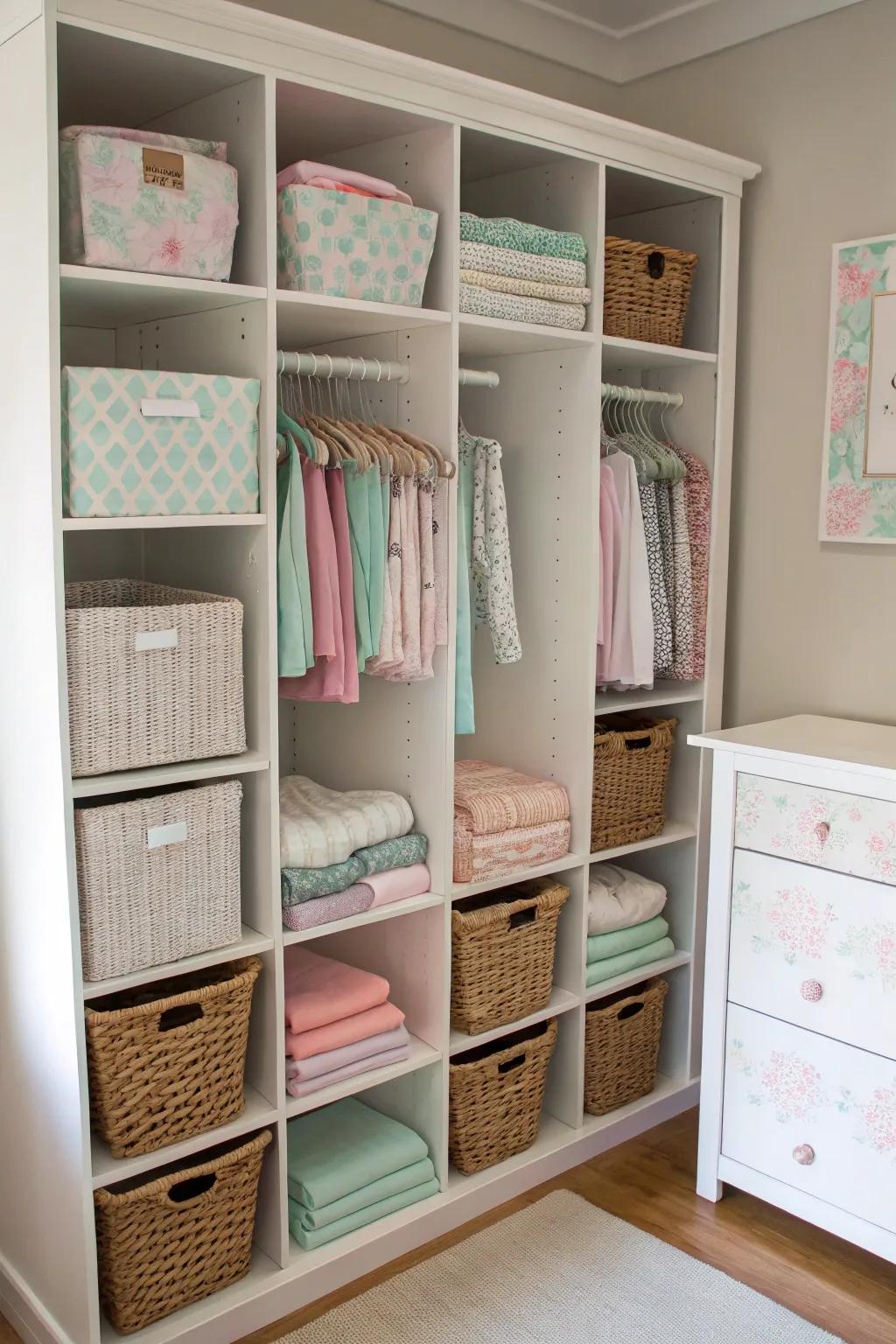 A meticulously arranged nursery closet featuring storage niches and baskets for optimal storage.