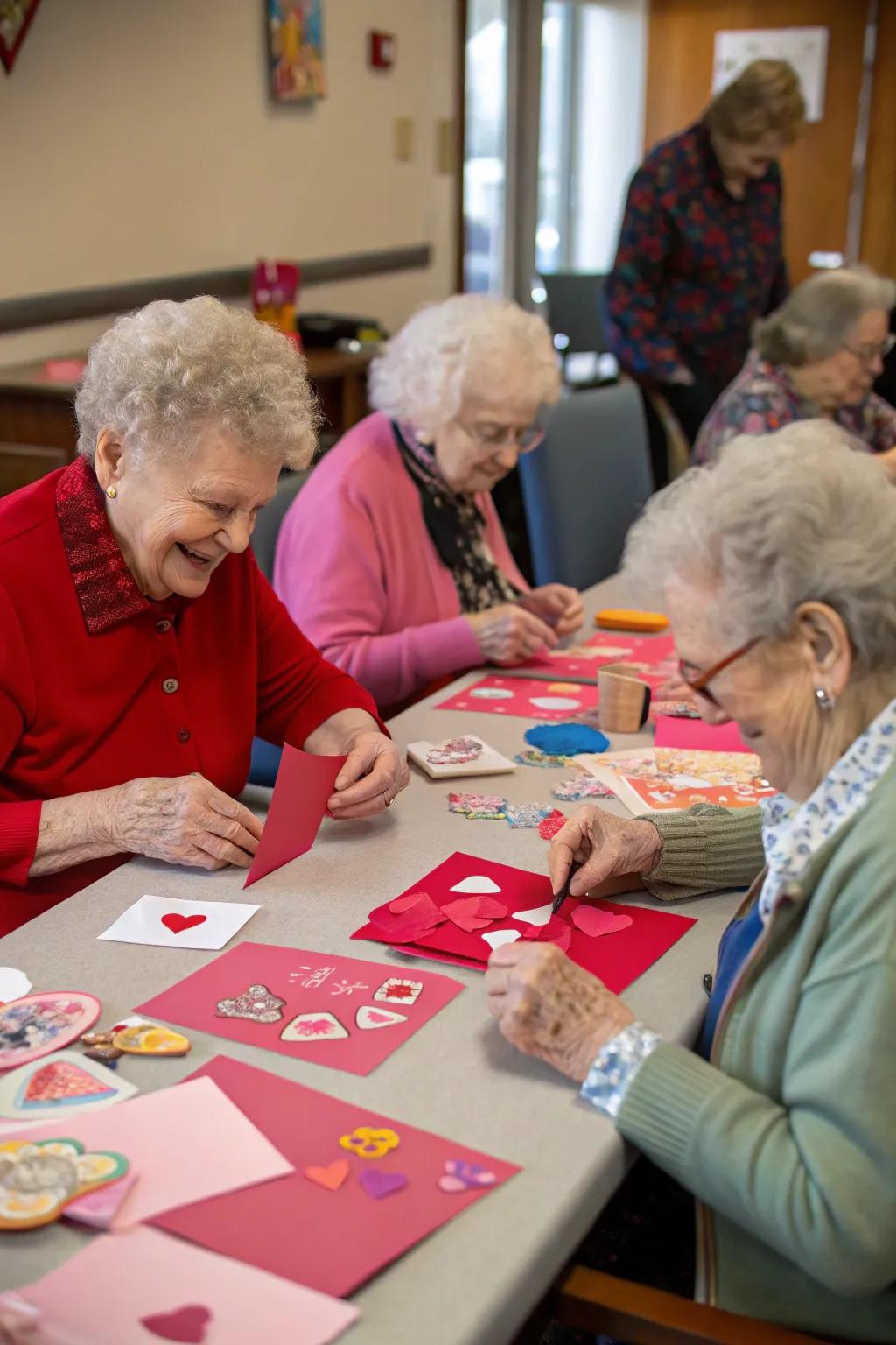 Residents pour their hearts into crafting personalized Valentine's cards.