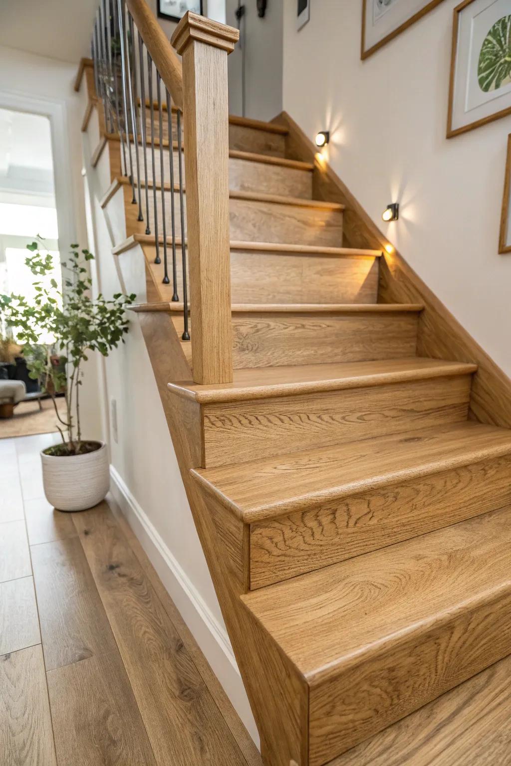 A pure oak stairwell emphasizing its abundant grain and shade.