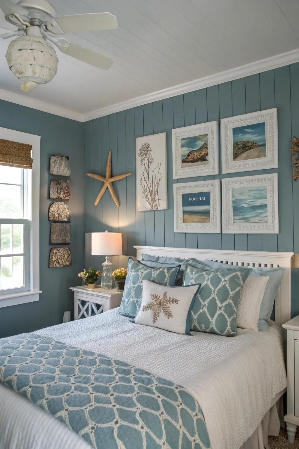 A tranquil blue-gray shade on the walls provides an ideal backdrop for an ocean-inspired retreat.