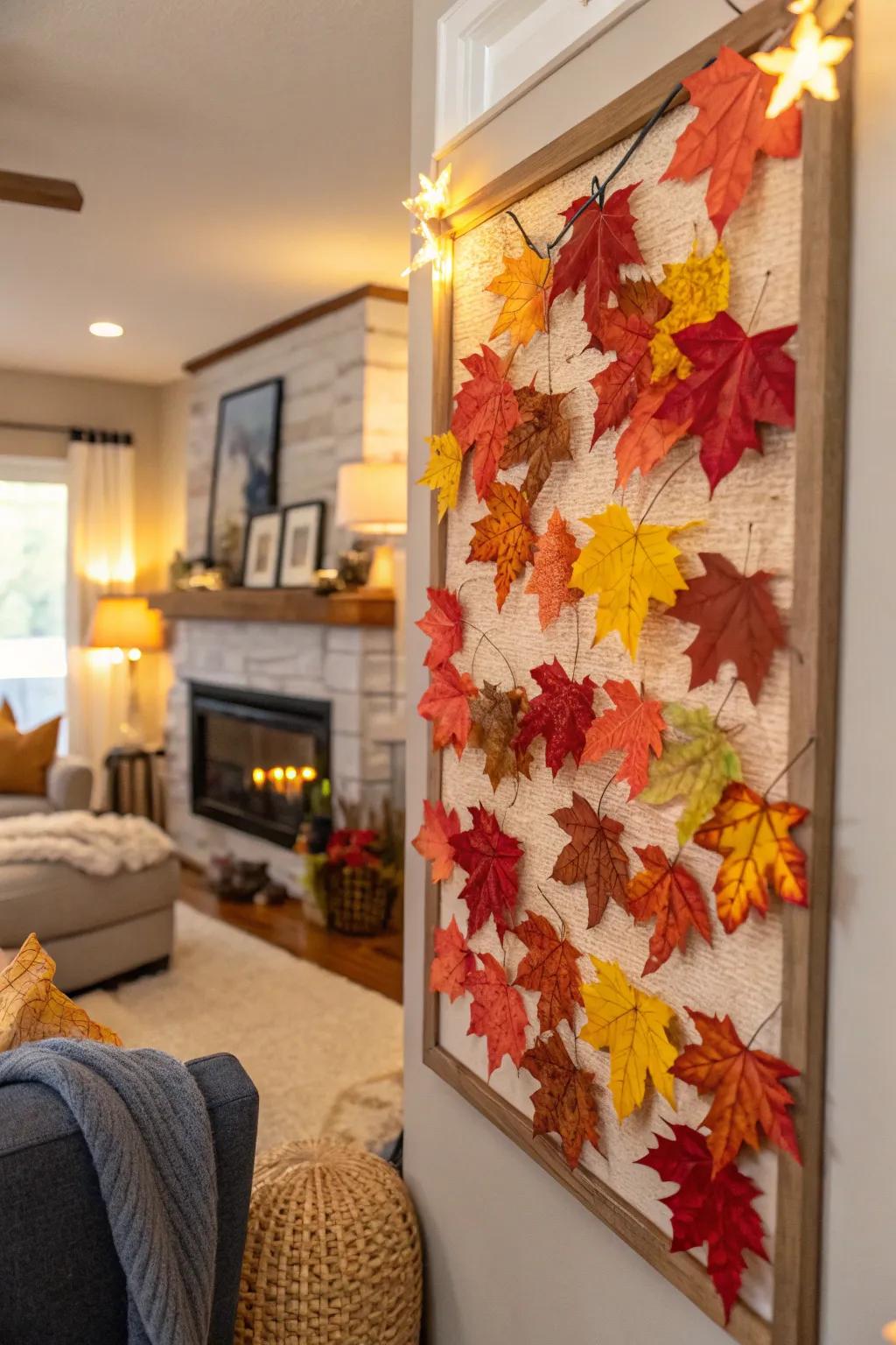 A living space bulletin board enhanced with autumnal leaves.