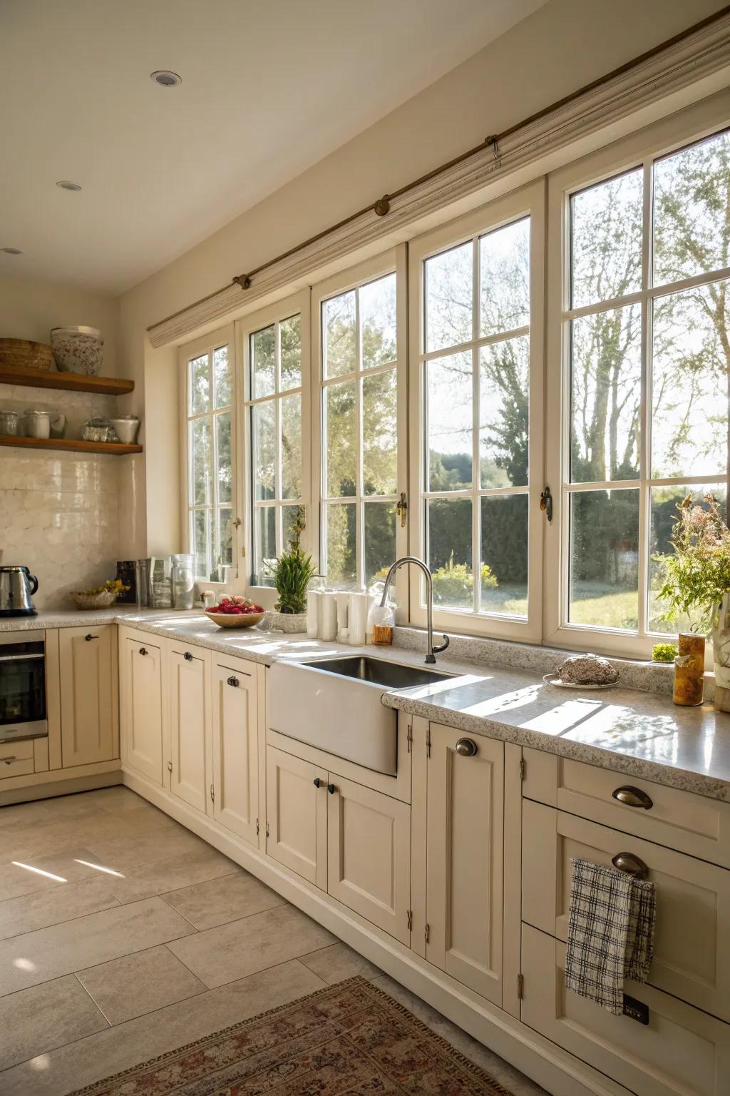 Soft daylight exquisitely enhances cream-colored cabinets.
