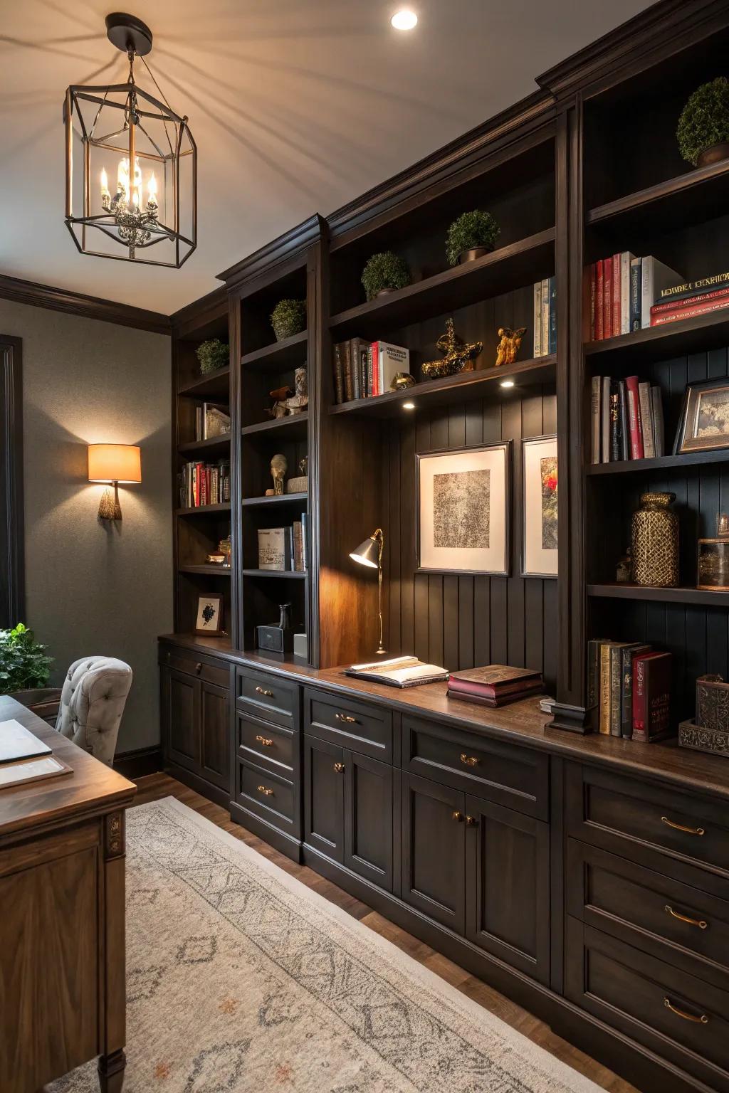 Dark shelves bring a touch of class to any office.