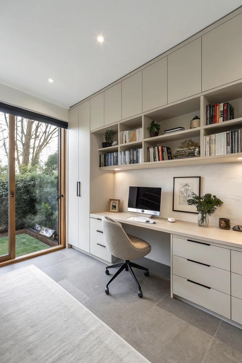 Integrated desks and cabinets create a streamlined and efficient workspace.