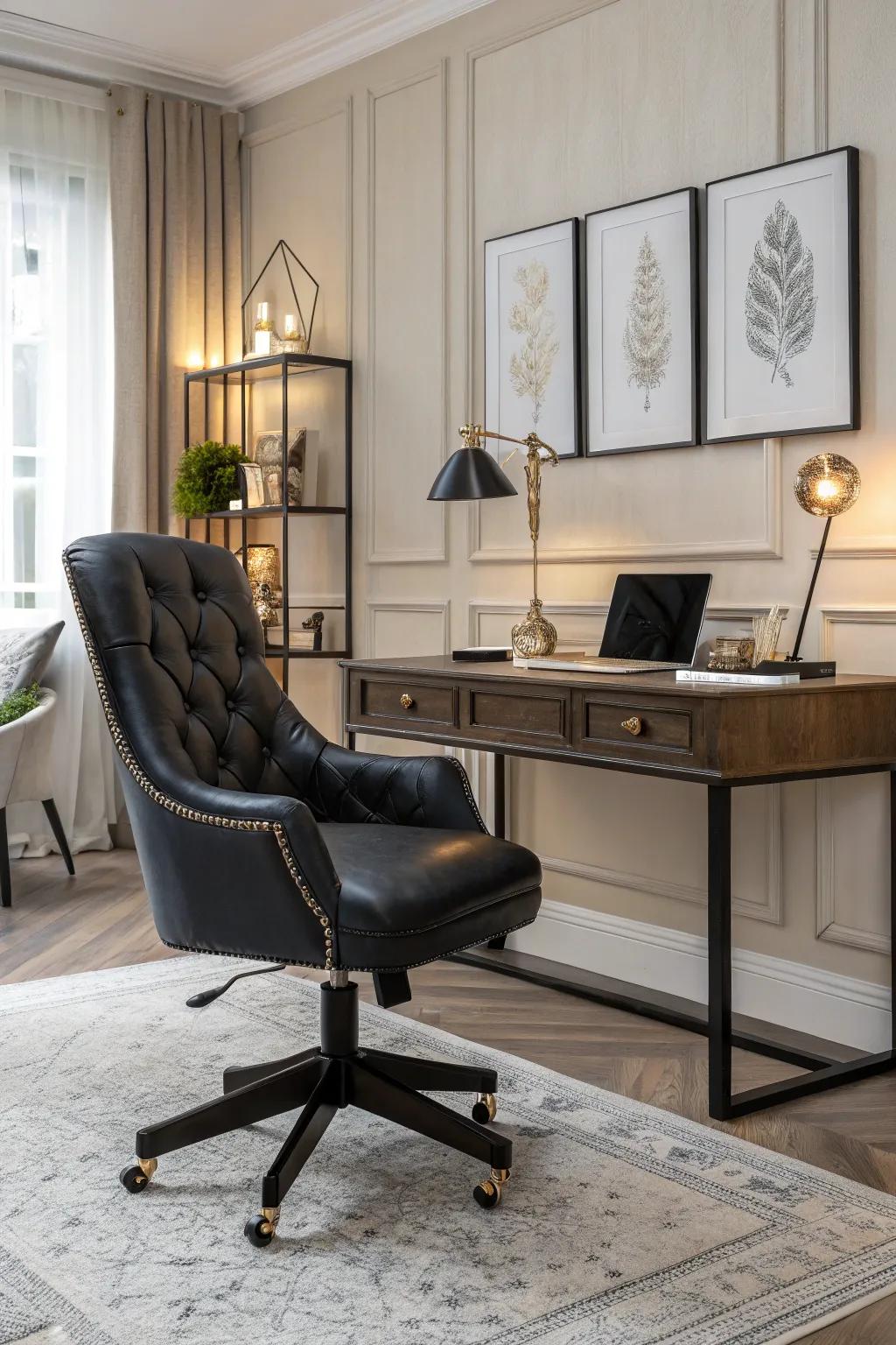 A dark hide seat introduces a dash of sophistication to any home office setting.