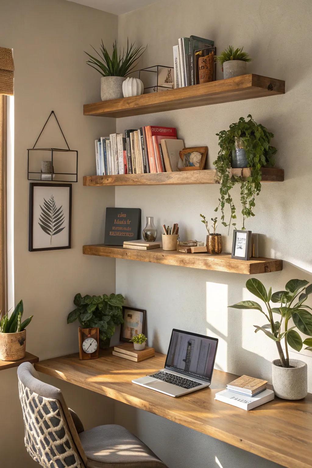 Wall-mounted wood shelves introduce both warmth and flair to your office corner.