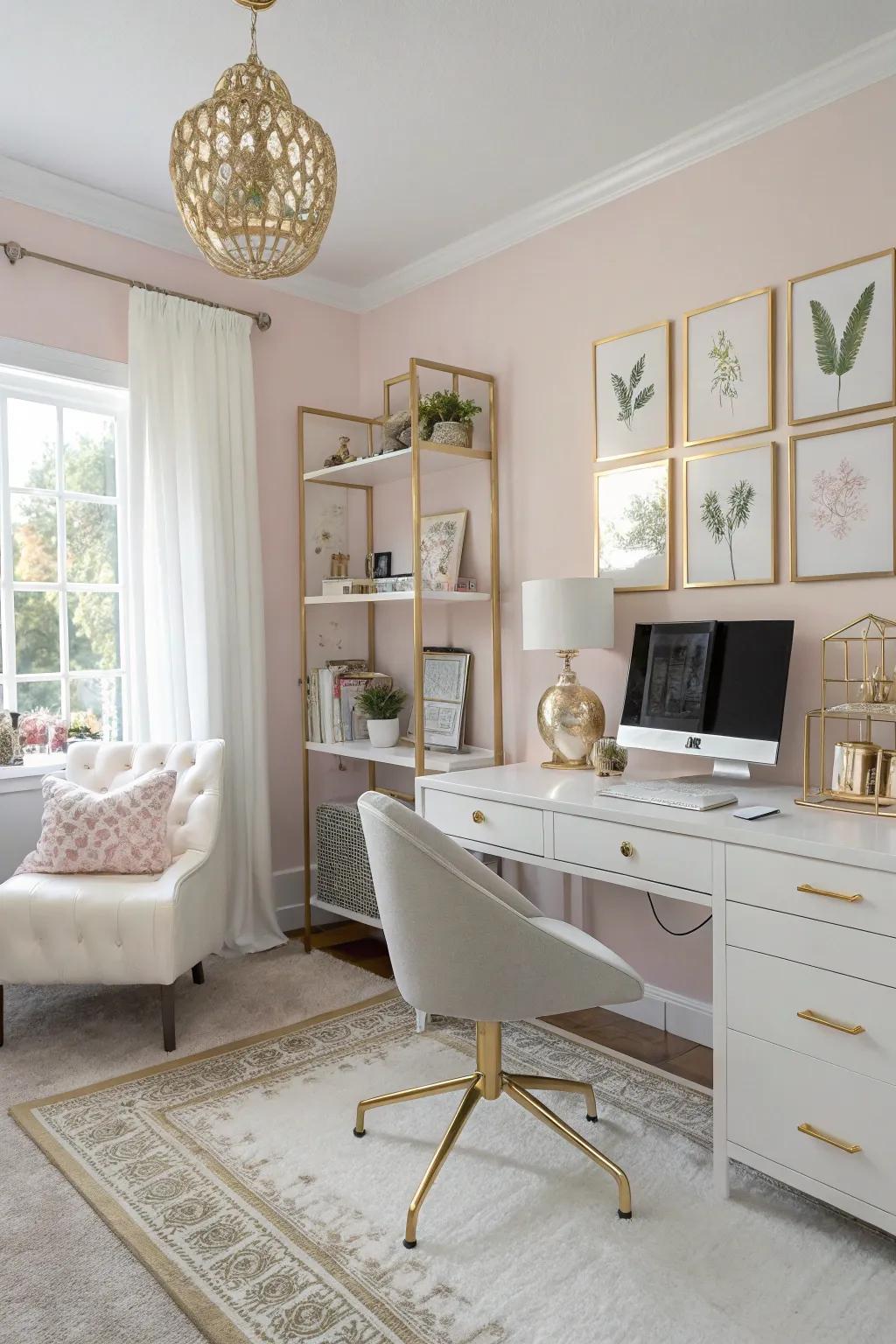 An office with pastel and gold accents radiating serenity and elegance.