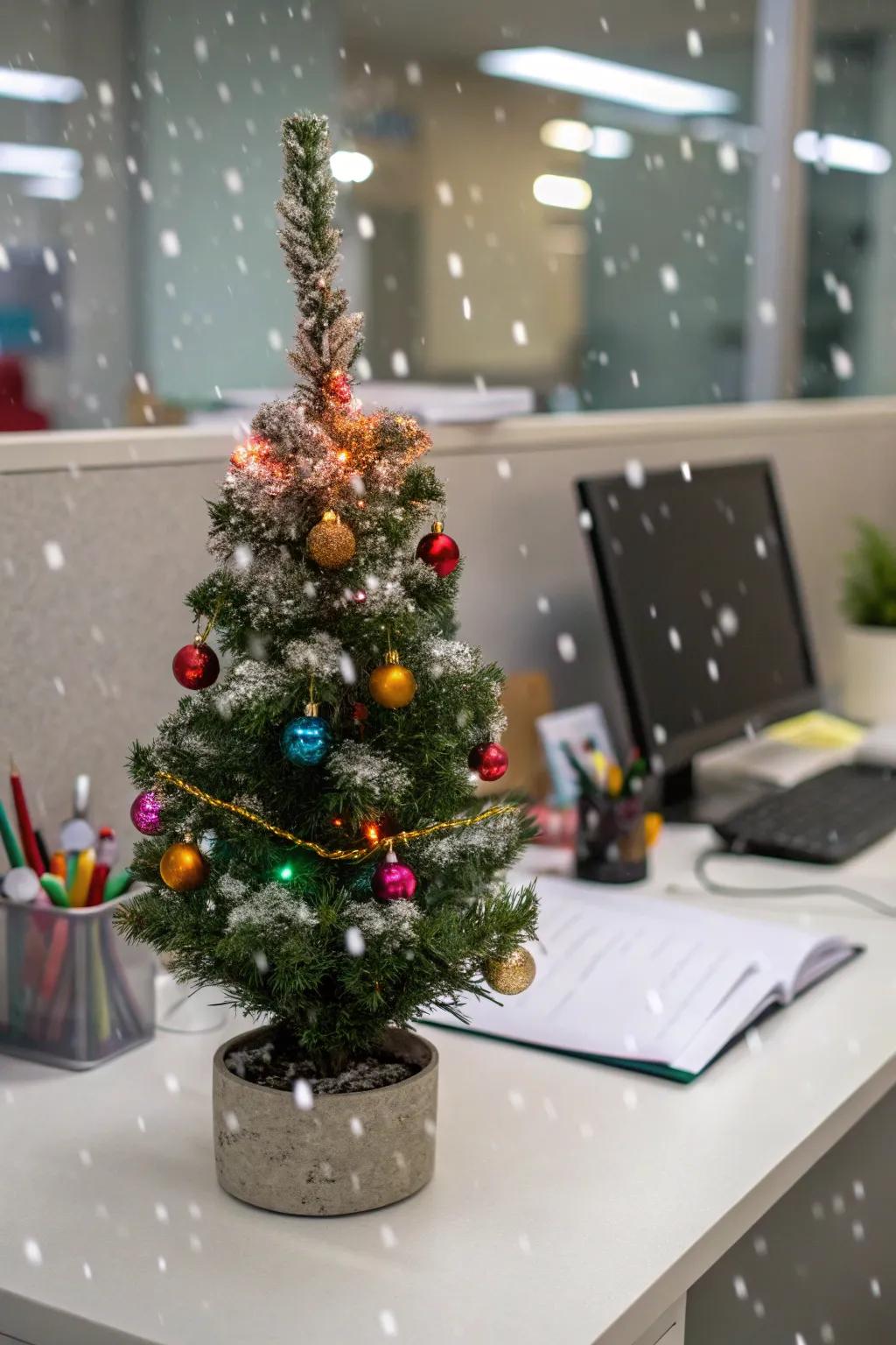 A small tree introduces a hint of holiday enchantment to your personal workspace.