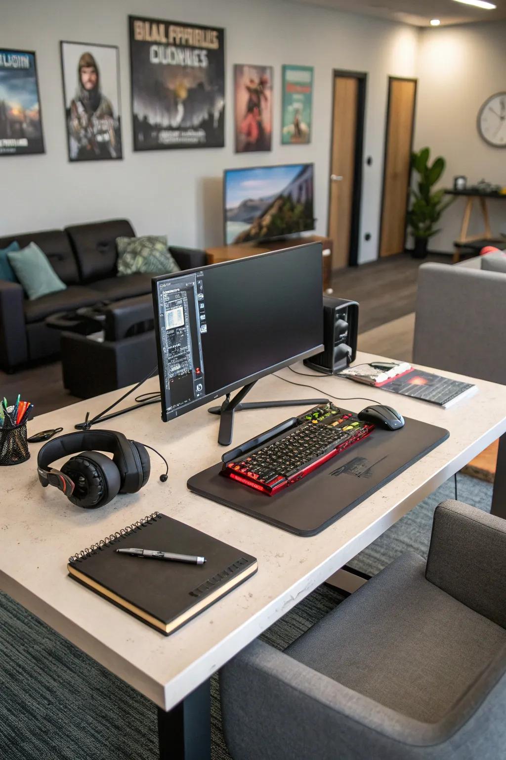 A versatile desk ready for work or play at a moment&rsquo;s notice.