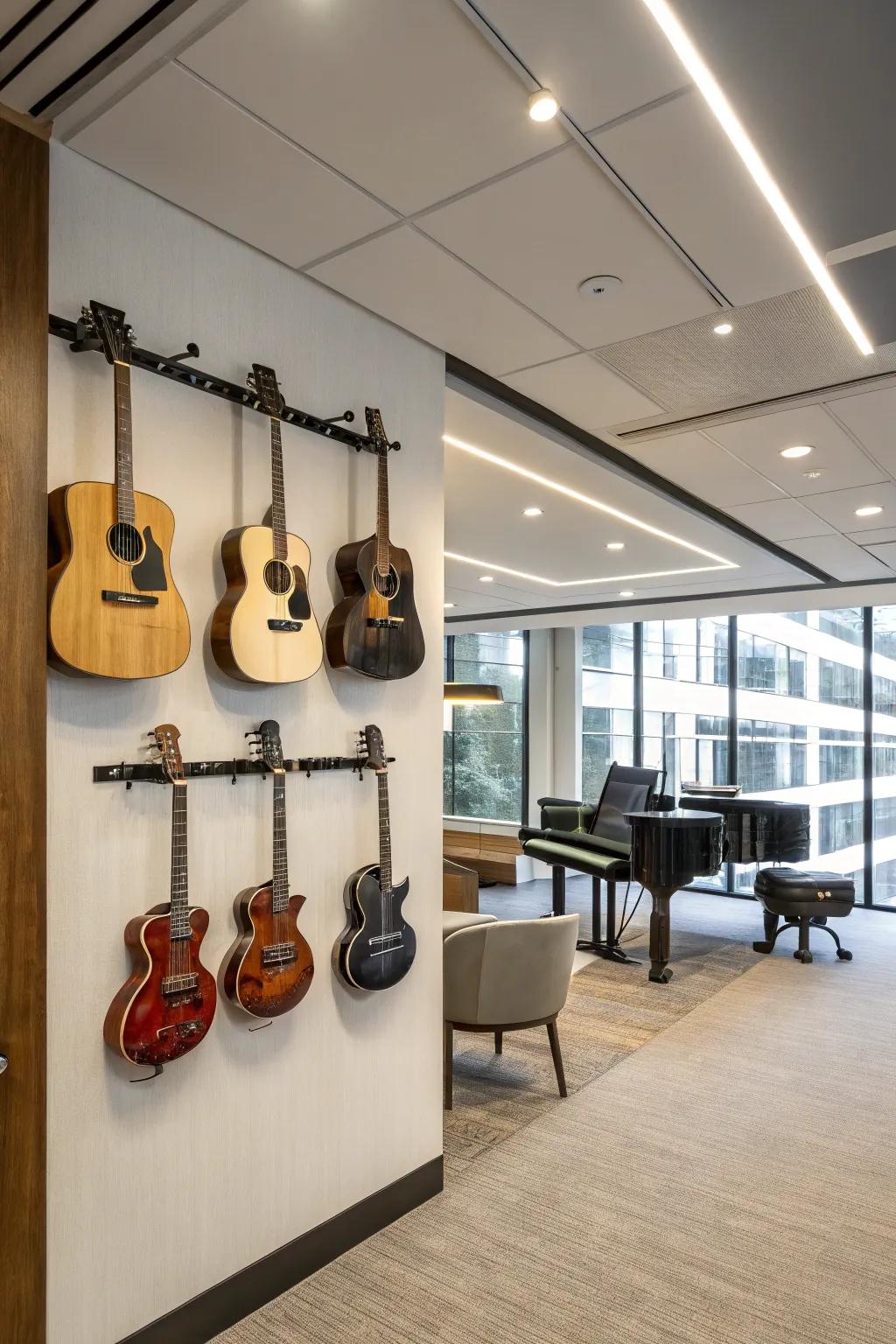 Guitars mounted on the wall introduce a unique and artistic element.