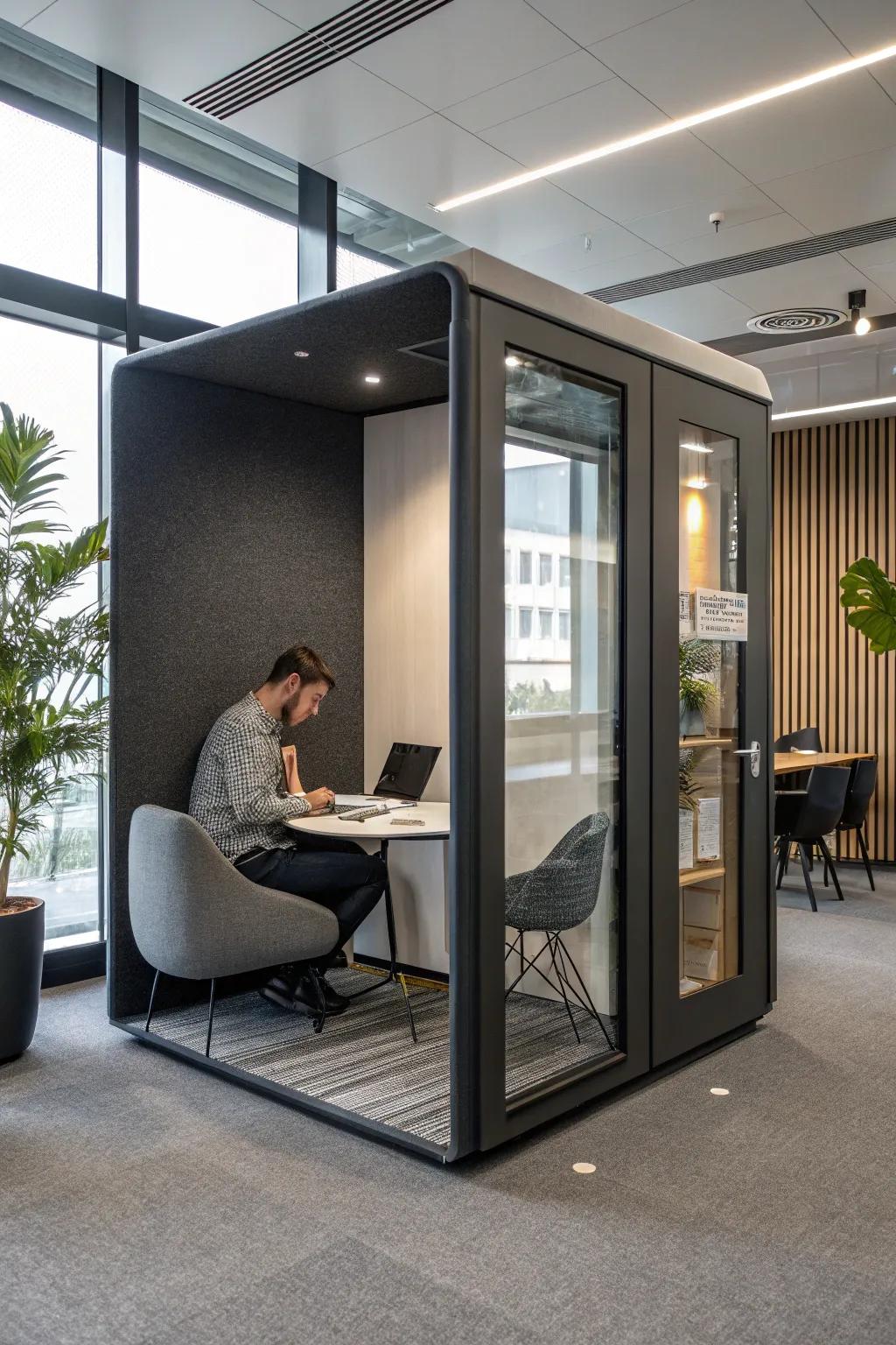 Sound-proof pods offer a calm escape for focused work.