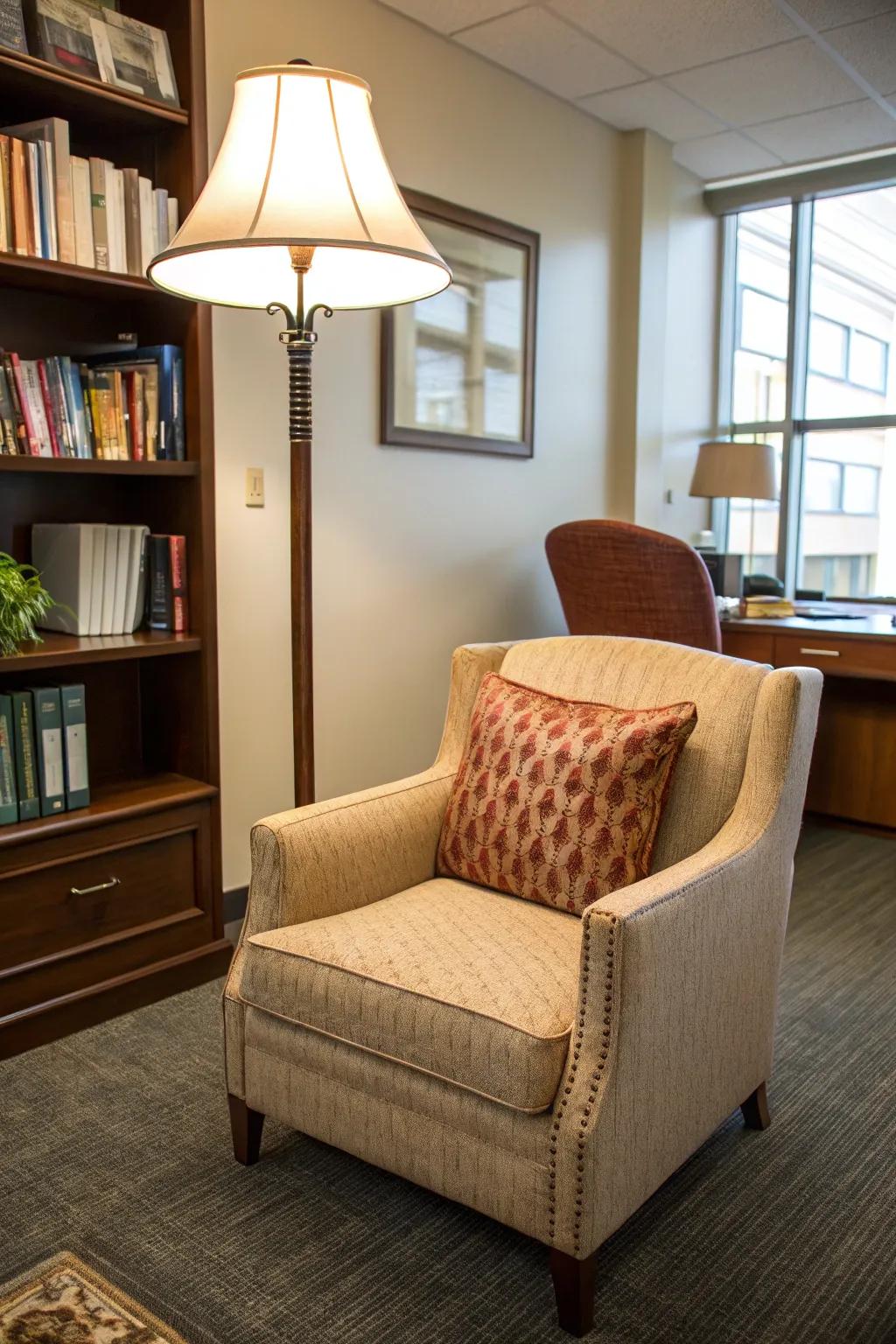 This inviting corner is furnished with a cozy armchair, ideal for a pleasant reading session.