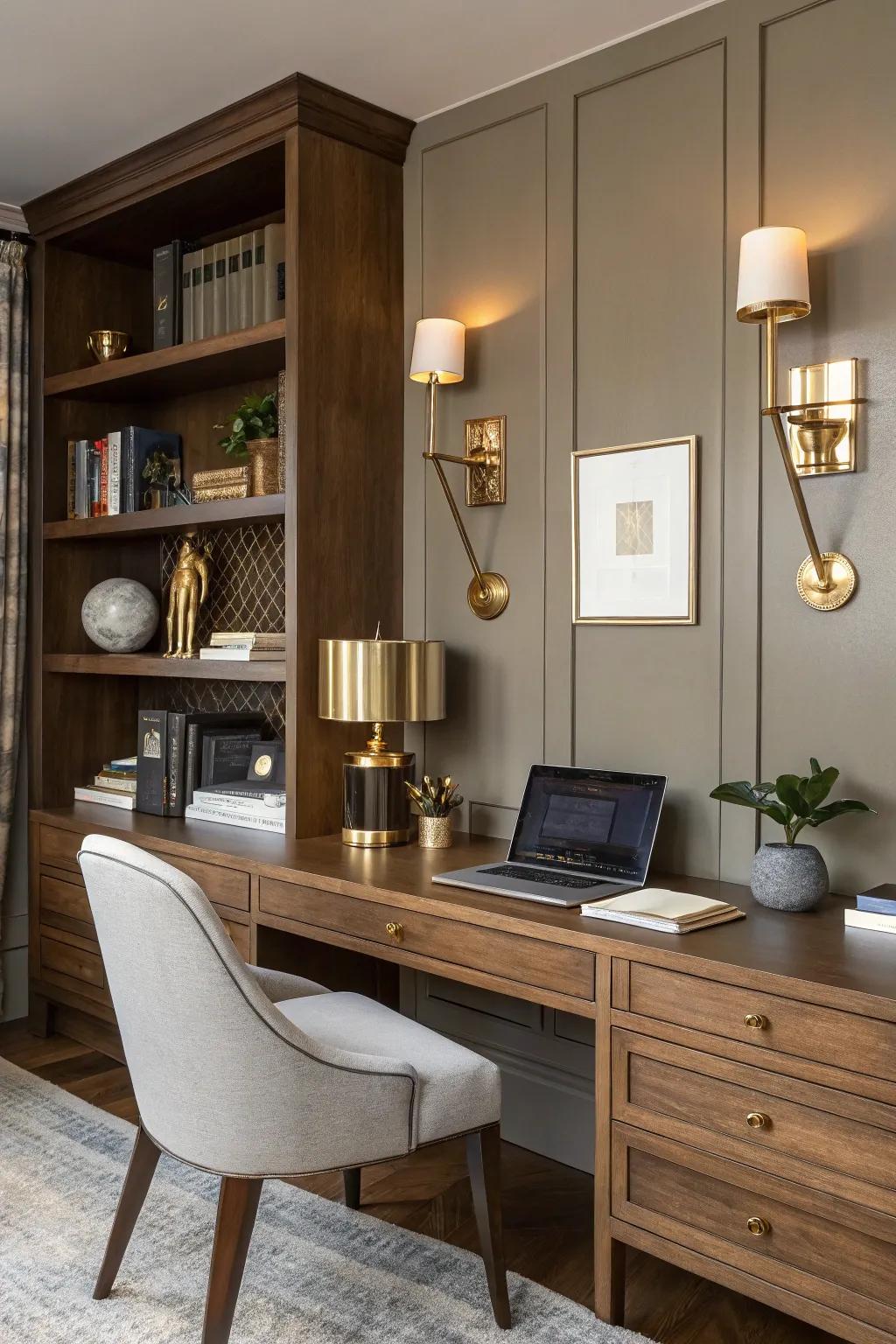 Brass wall lights contribute a sense of refinement to the office.
