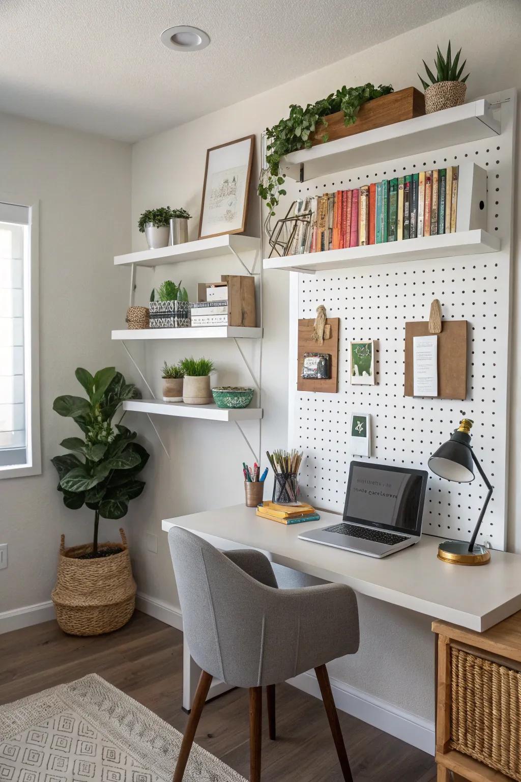 Effective wall usage through shelves and a tool board.