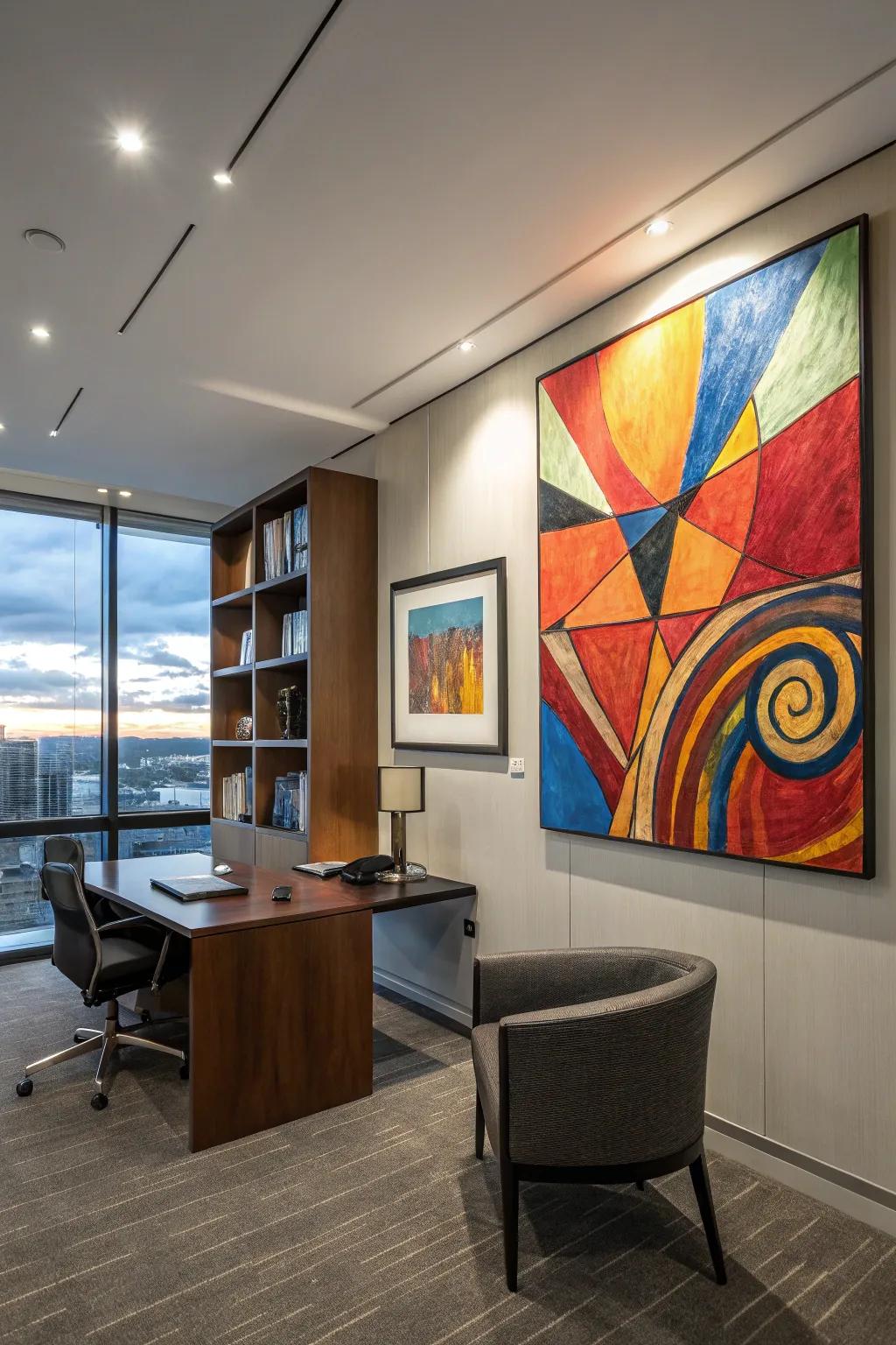 A captivating abstract painting brings a creative spark to this office setting.