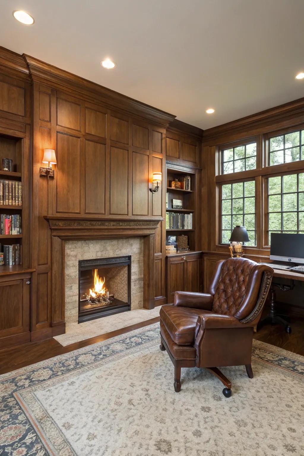 Lumber paneling introduces an aspect of timeless elegance to this workspace.