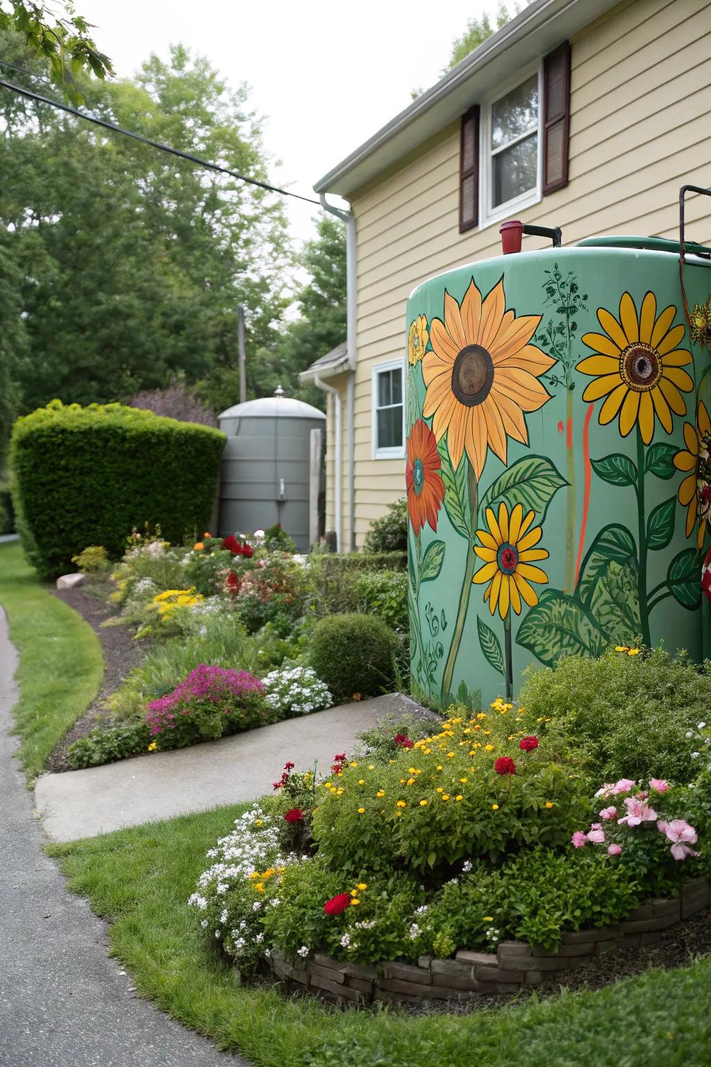 A beautifully painted oil container, adorned with a sunflower scene, bringing a touch of charm to the garden.