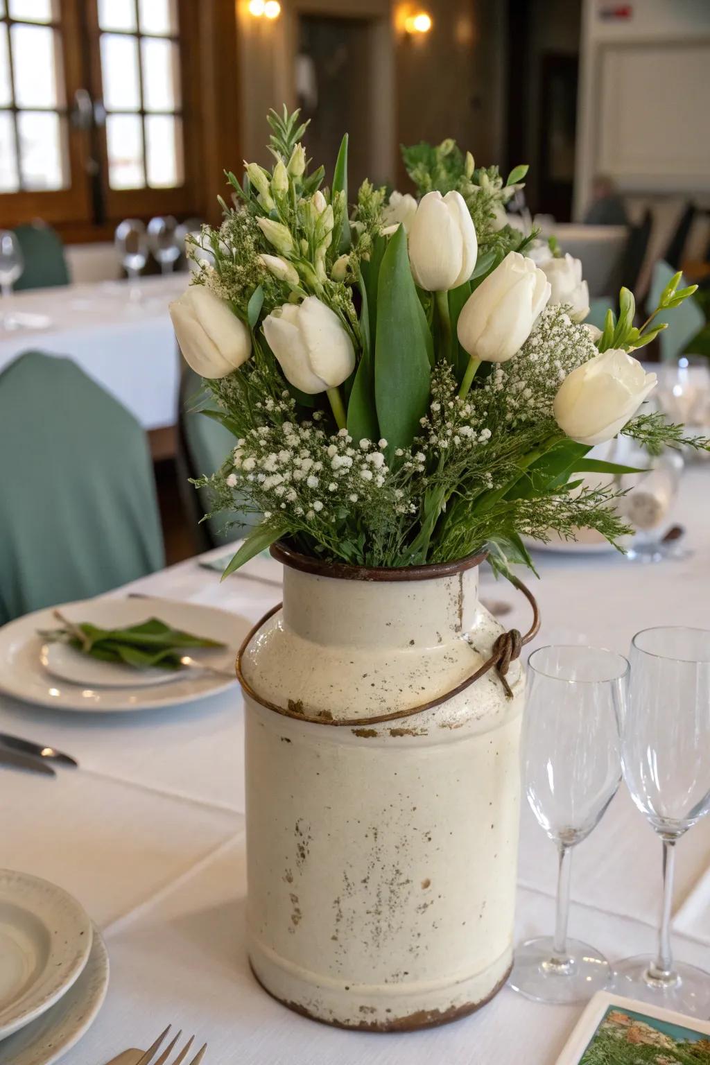 An antique earthenware jug is the ideal vessel for floral artistry.