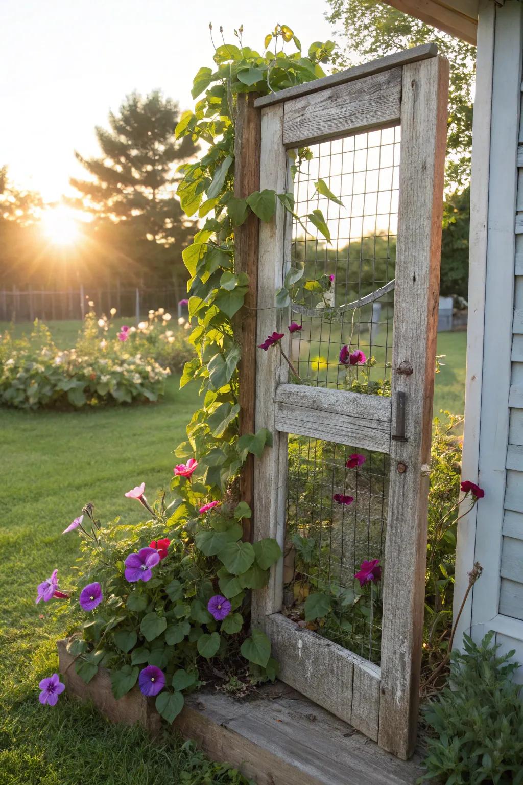Elevate your garden's charm with a hint of rustic beauty: an upcycled screen door trellis for vibrant climbing blooms.