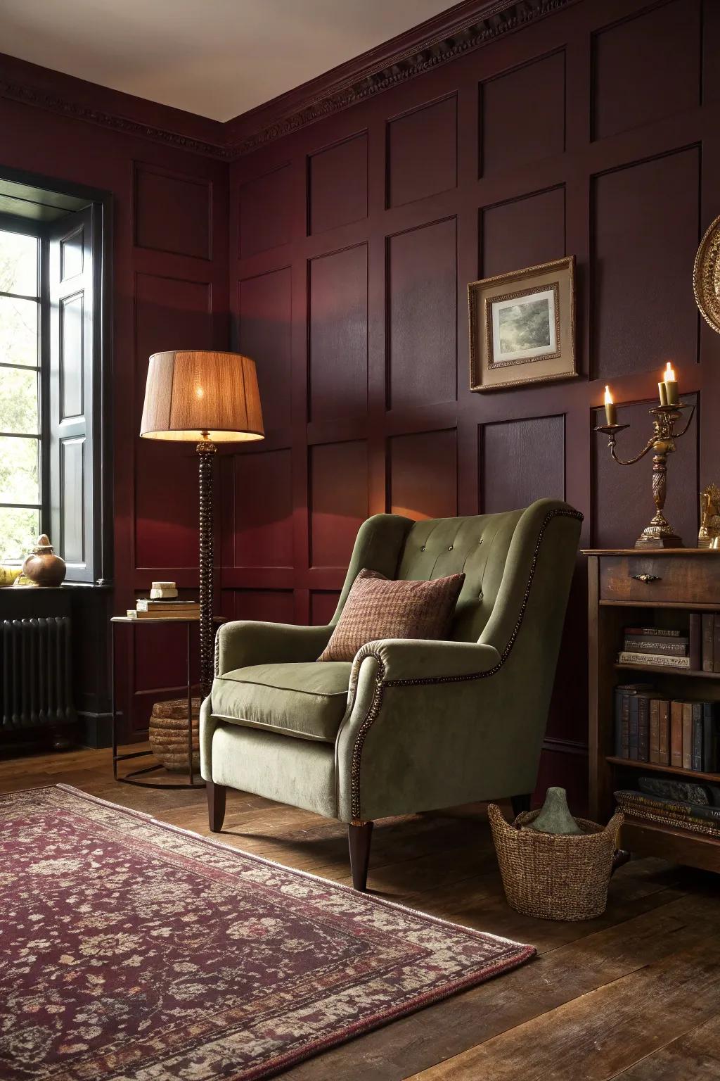 A deep, cozy color palette establishes the perfect mood for an old-world living area.