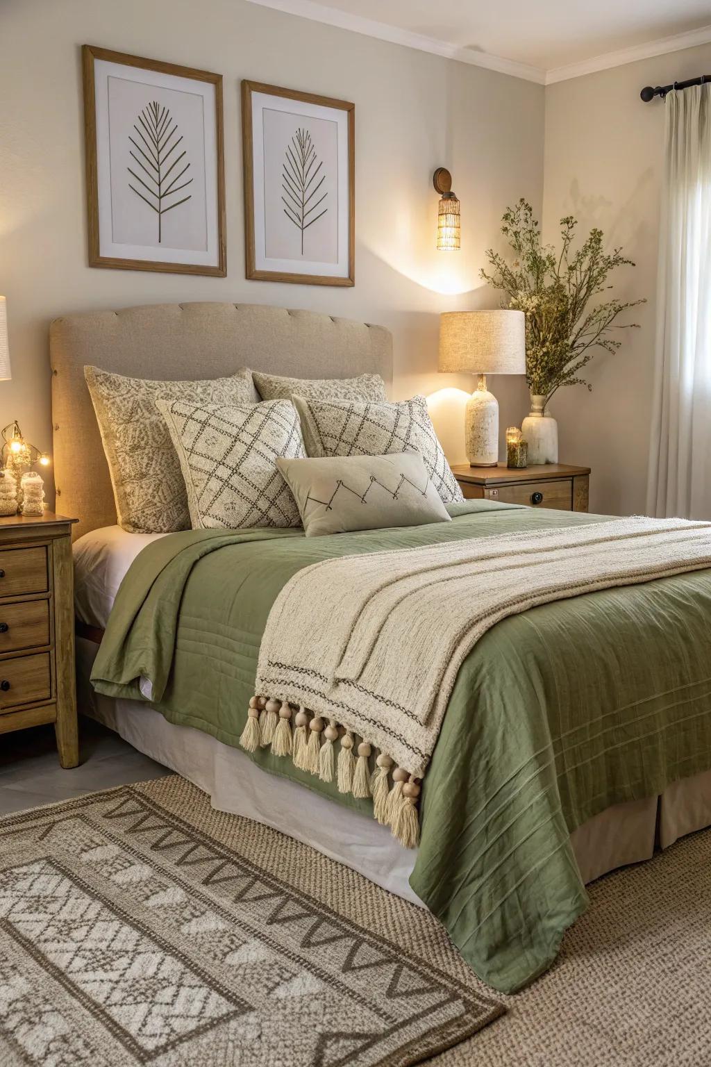 Olive green bedding combined with soft neutral tones for a serene setting.