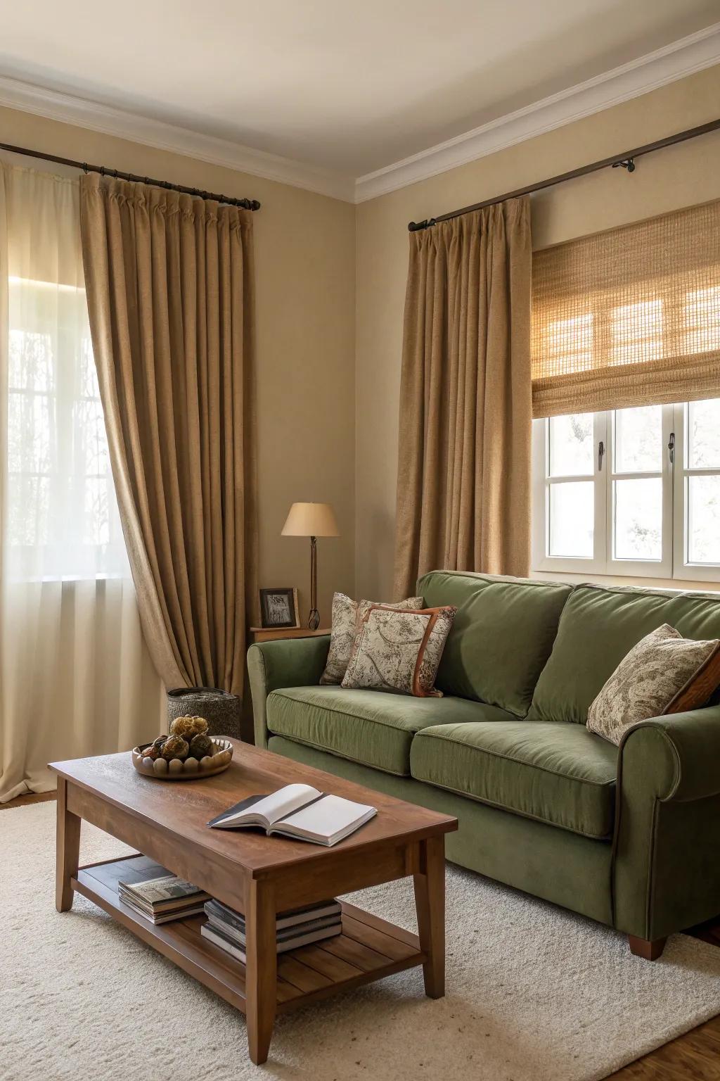 Muted shades fashion a peaceful scene for an earthy-toned settee.