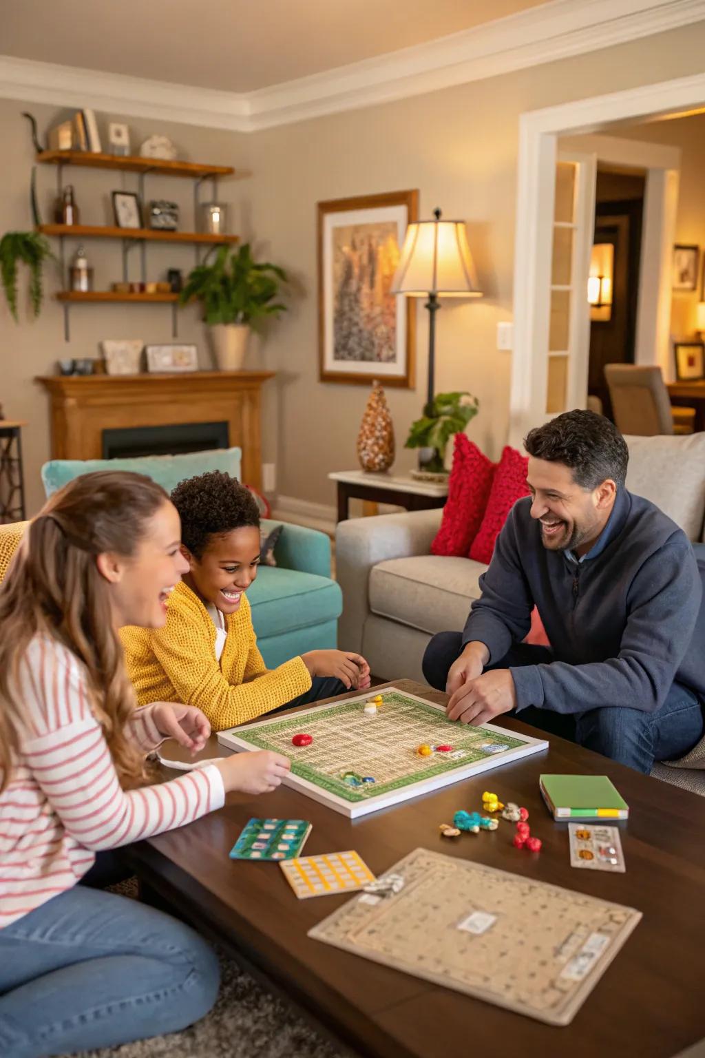A family deeply enjoying a game night with a board game.