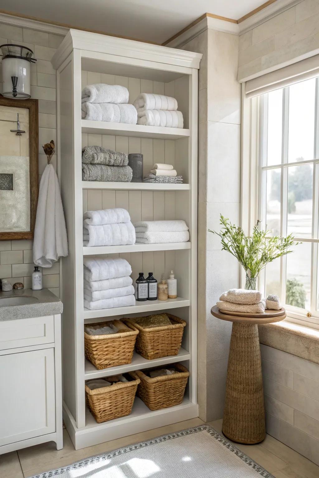 High open shelving utilizes vertical space in a bathroom.