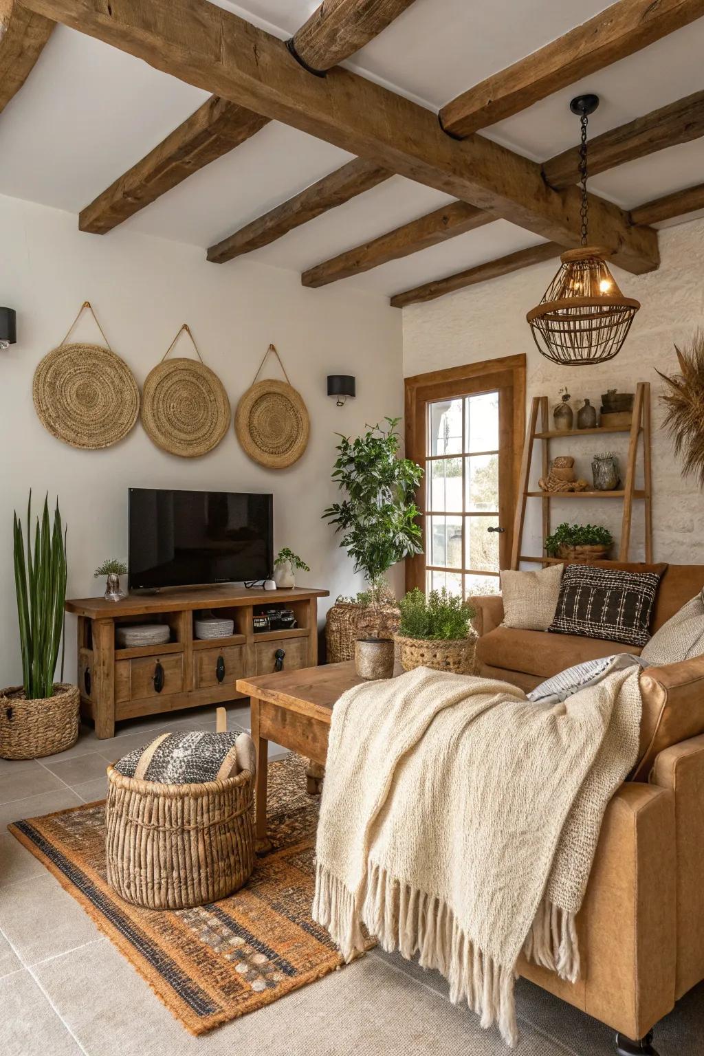 A welcoming living space showcasing open wooden timbers to bring out a rustic appeal.