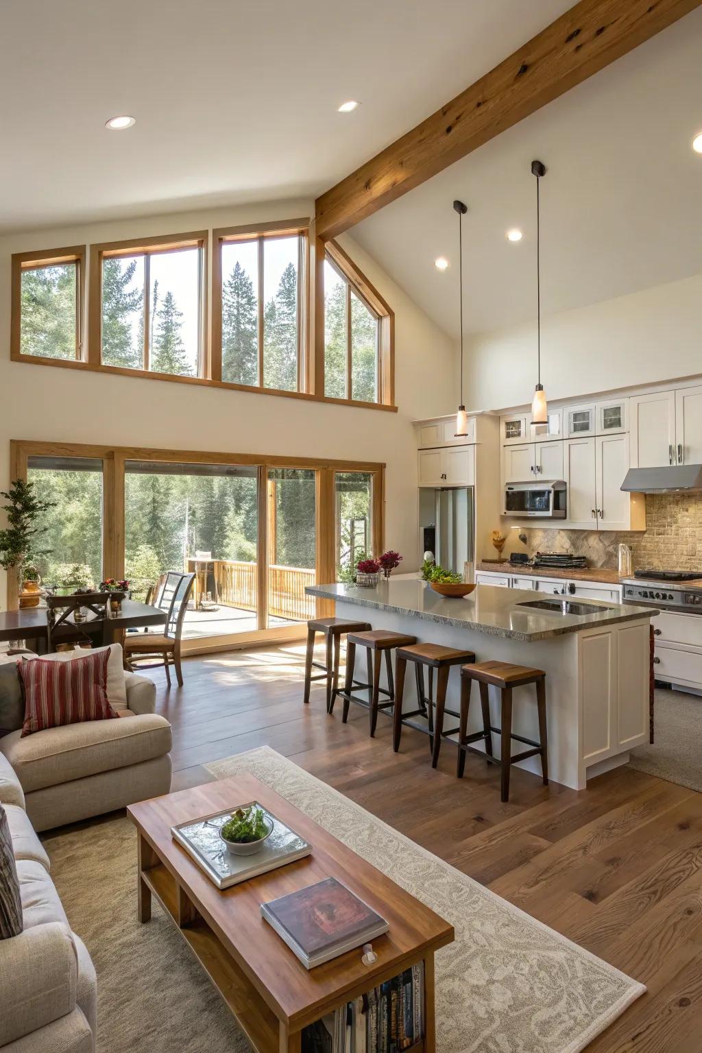 The seamless flow between kitchen and living areas enhances the sense of space and harmony.