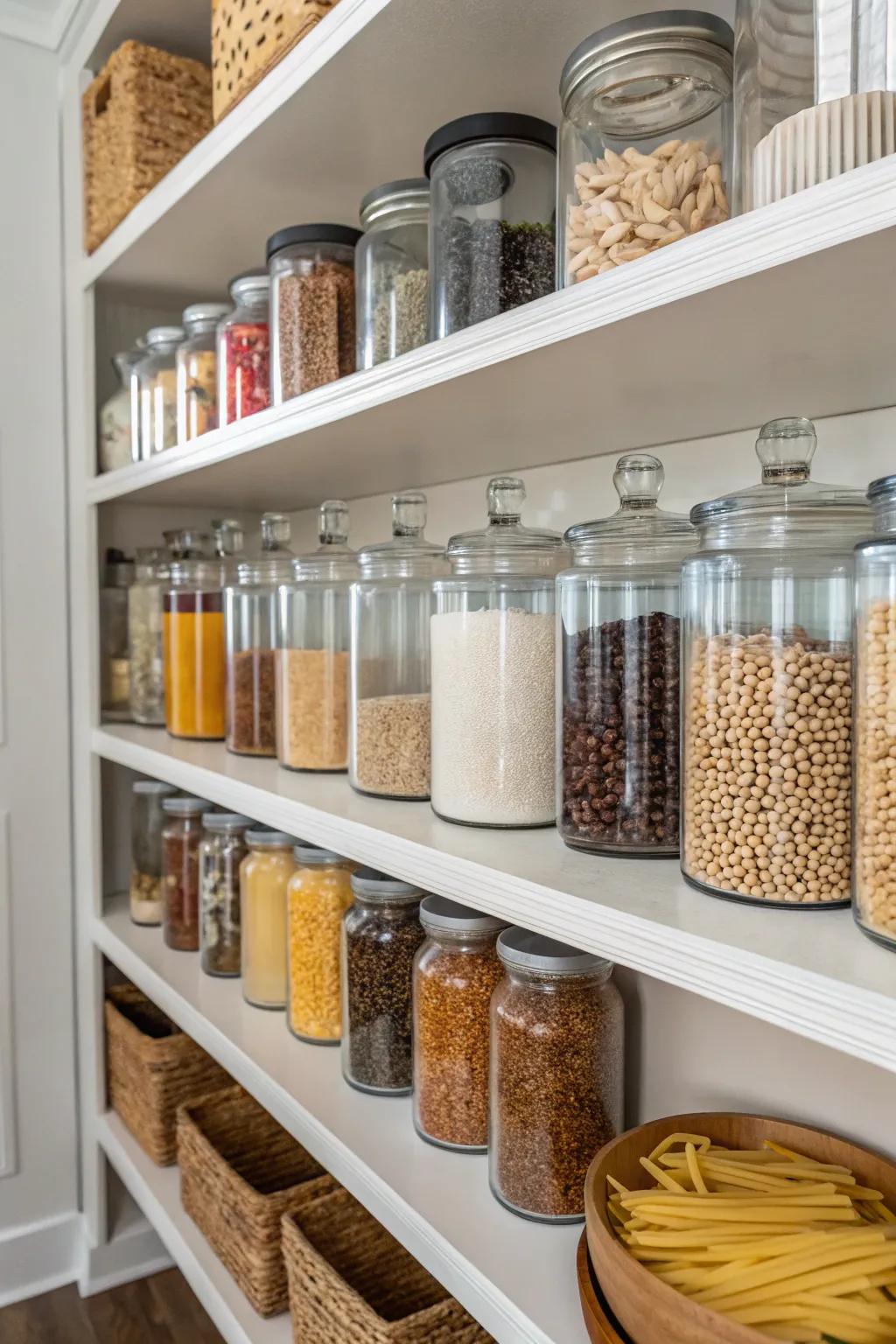 Rows of uniform glass containers bring cohesion to open pantry shelves.