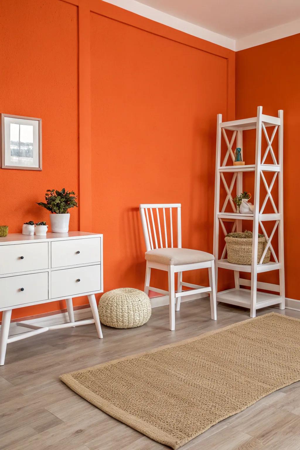 A room showcasing a striking orange highlight wall matched with elegant ivory furniture.