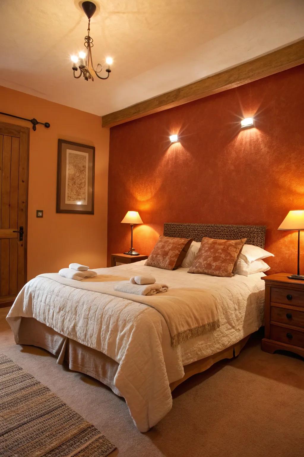 Russet orange walls harmonized with ivory bedding fashion a snug hideaway.