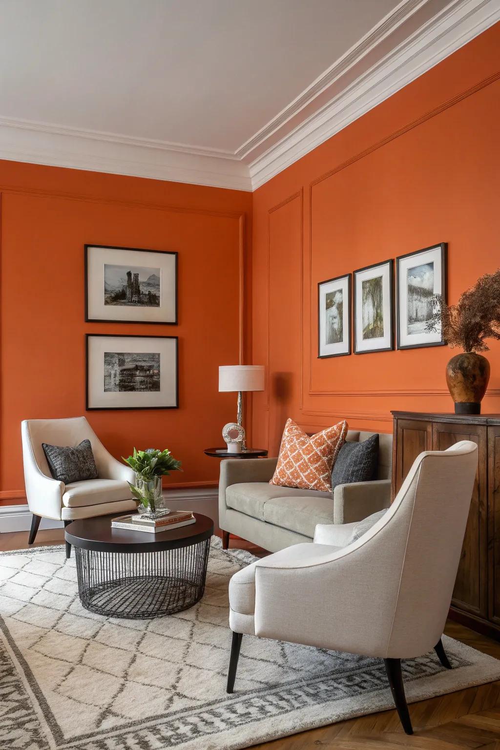 A lounge showcasing a daring orange feature wall, adding a dynamic focus.