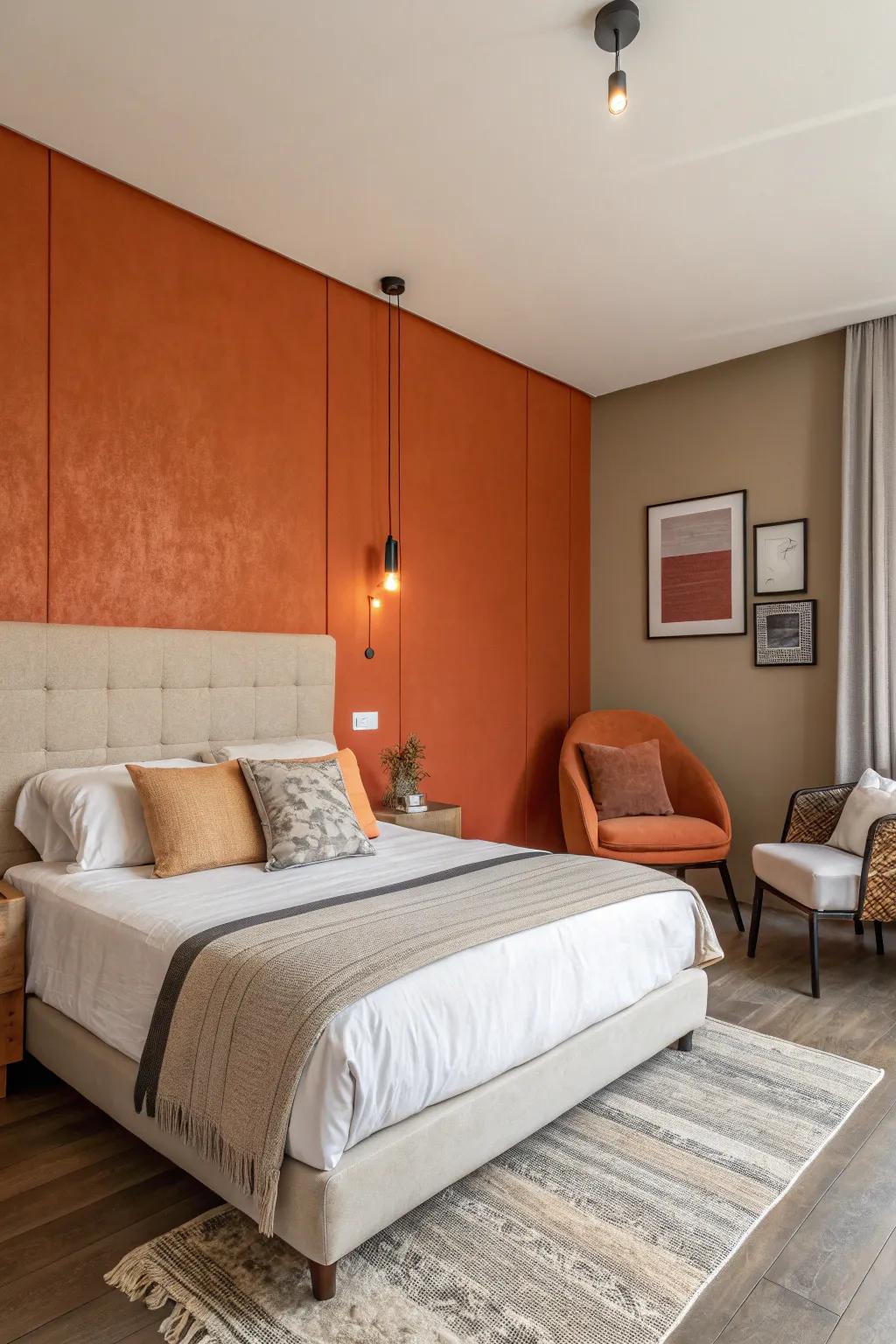 A sleeping quarters showing a bold citrus accent wall crafting an affectionate and welcoming vibe.